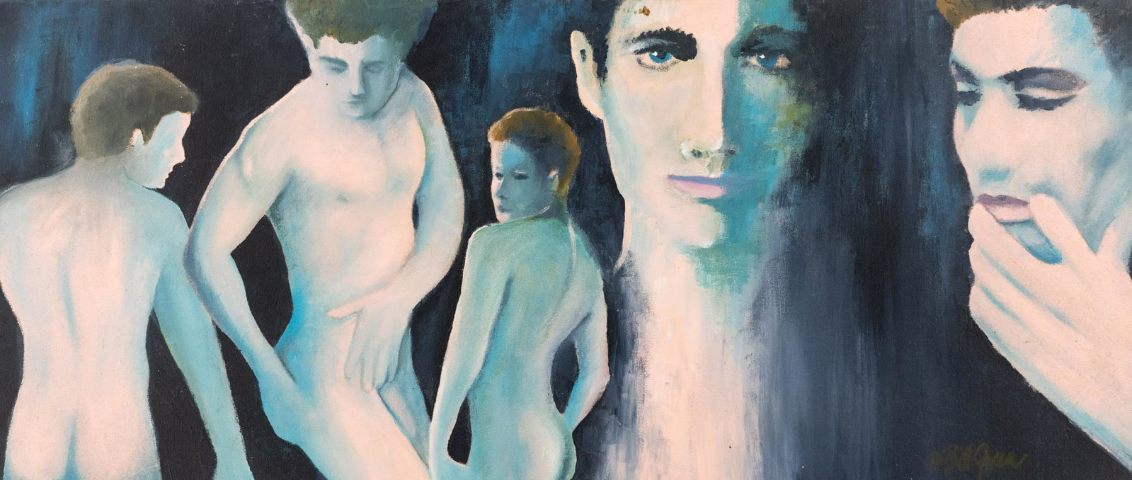 Bill Green Male Nude Acrylic Painting: A Bill Green (American) acrylic on canvas painting Artist Study depicting a nude male posed from different angles including close-up portraits. Signed lower right.