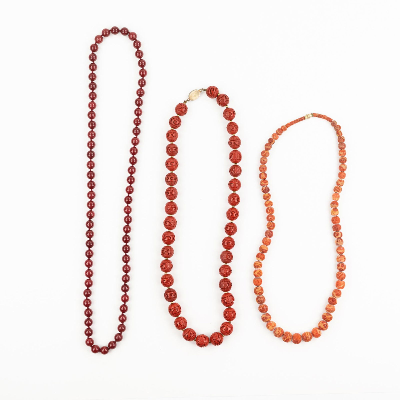 (3) Beaded Coral, Cinnabar, and Glass Bead Necklaces (1 of 6)