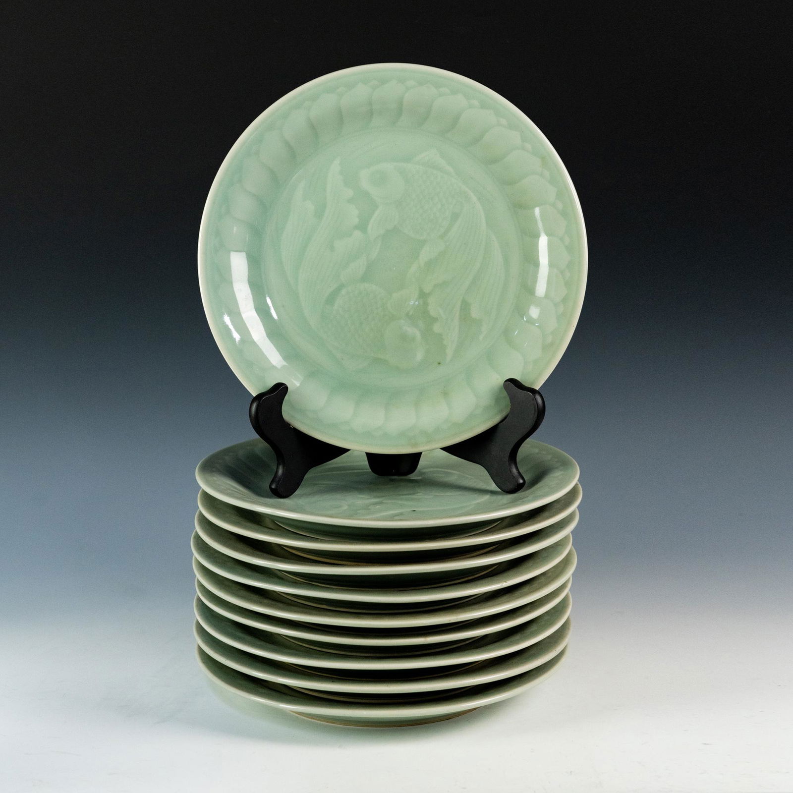 (10) Chinese Celadon Long Quan Koi Fish Dinner Plates (1 of 6)