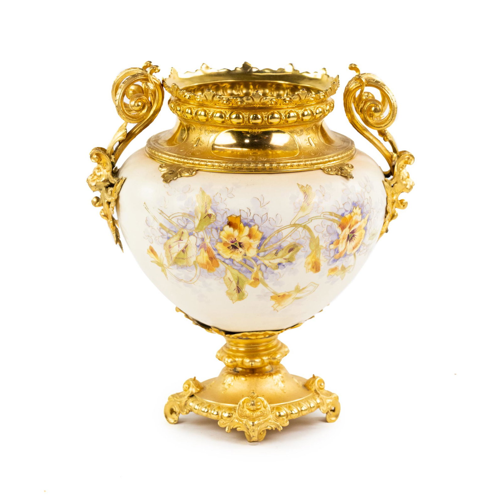 Royal Bonn Porcelain Gilt Mounted Urn Vase: A Royal Bonn style handpainted porcelain urn vase with floral design, double acanthus and figural handles on footed base.