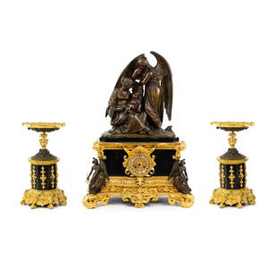 (3) Honore Pons 24k Gilt Mantel Clock w/ Matched Tazzas: A three (3) piece Honore Pons ((French, 1773-1851)) after Jean Jacques Feuchere (French, 1807-1852) mantel clock set having figural bronze sculpture depicting 'Virgin and Child with an Angel 'having a