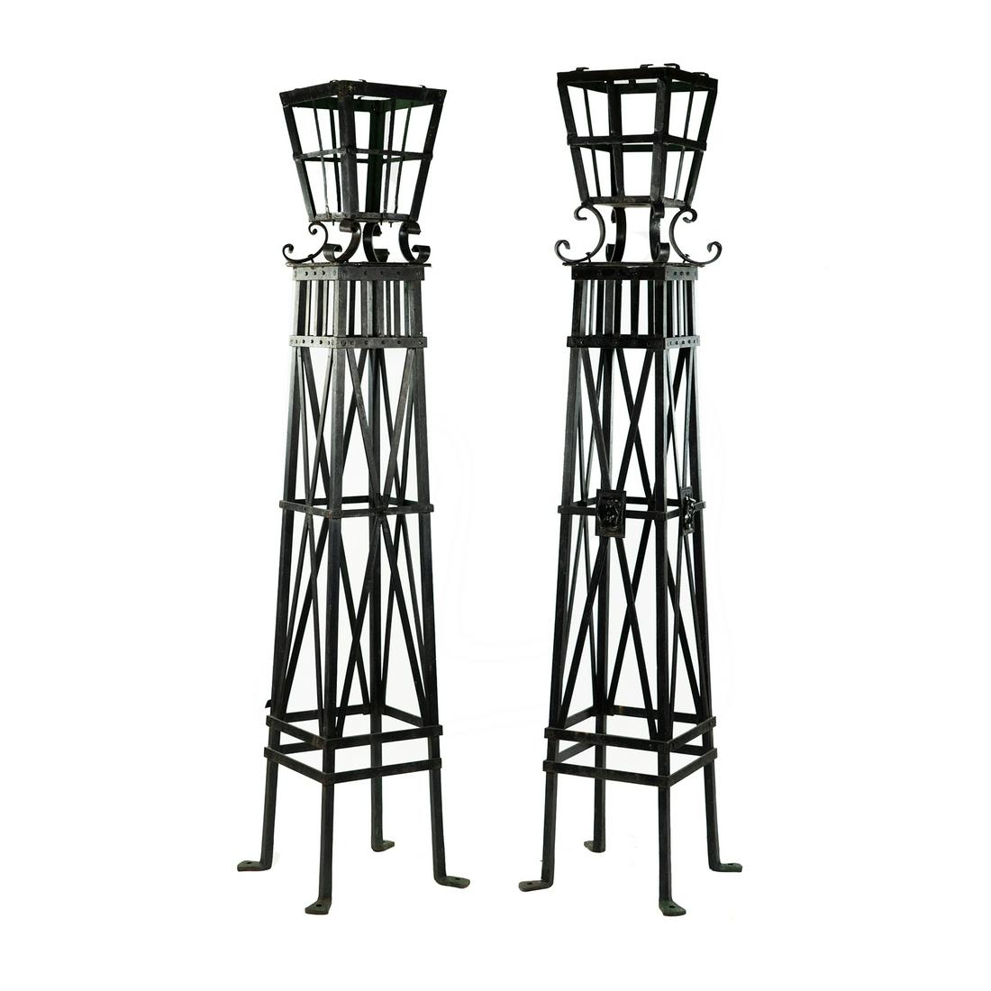 Pair Antique Black Iron Monumental Torchiere Posts (1 of 16)