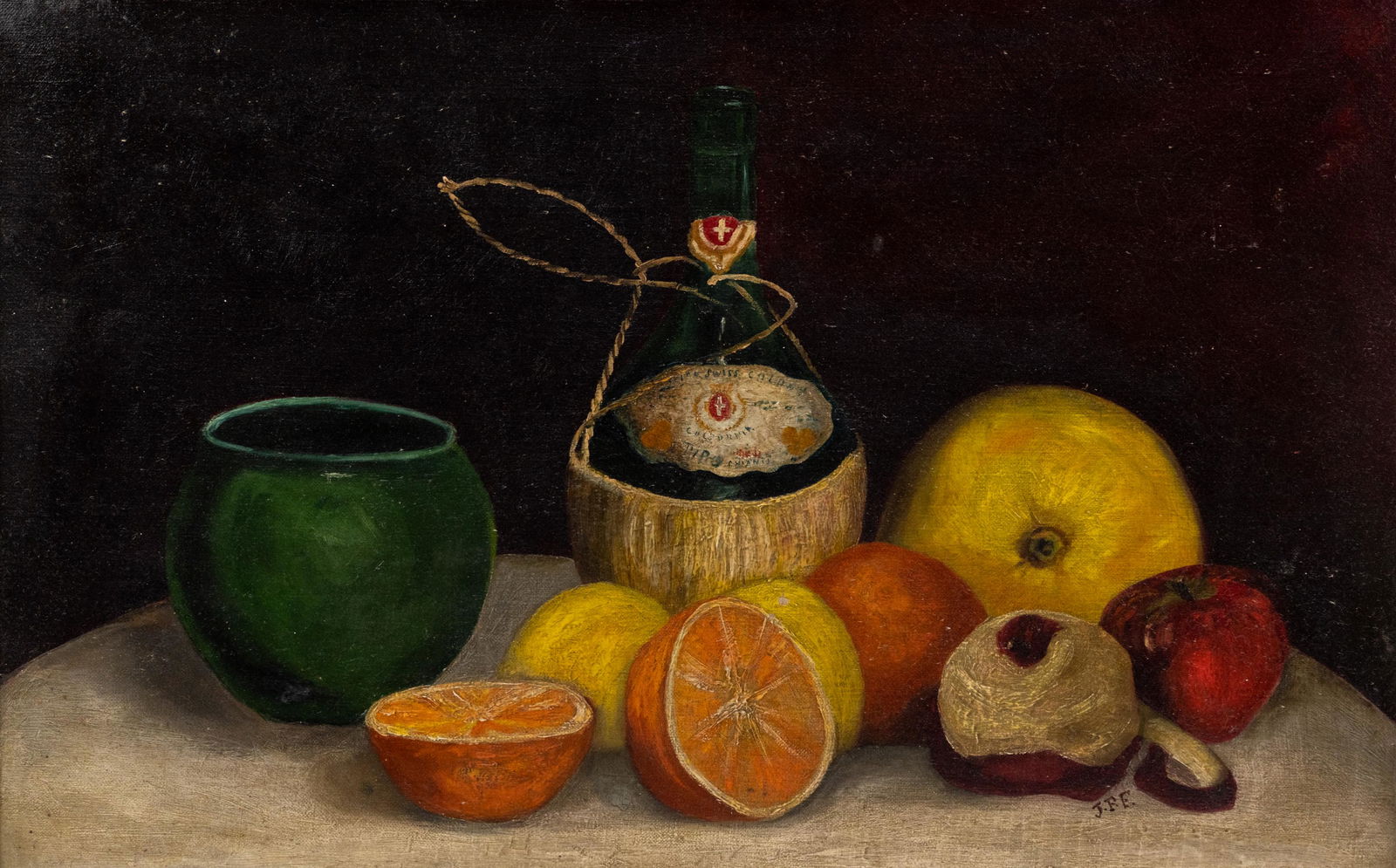 Wine & Fruit Still Life O/C Painting signed JFF: An oil on canvas still life painting depicting a wine bottle and fruit. Initialed 'JFF' lower right possibly John Fulton Folinsbee. Presented in gilt frame. Sight: 13.75" x 21.5.