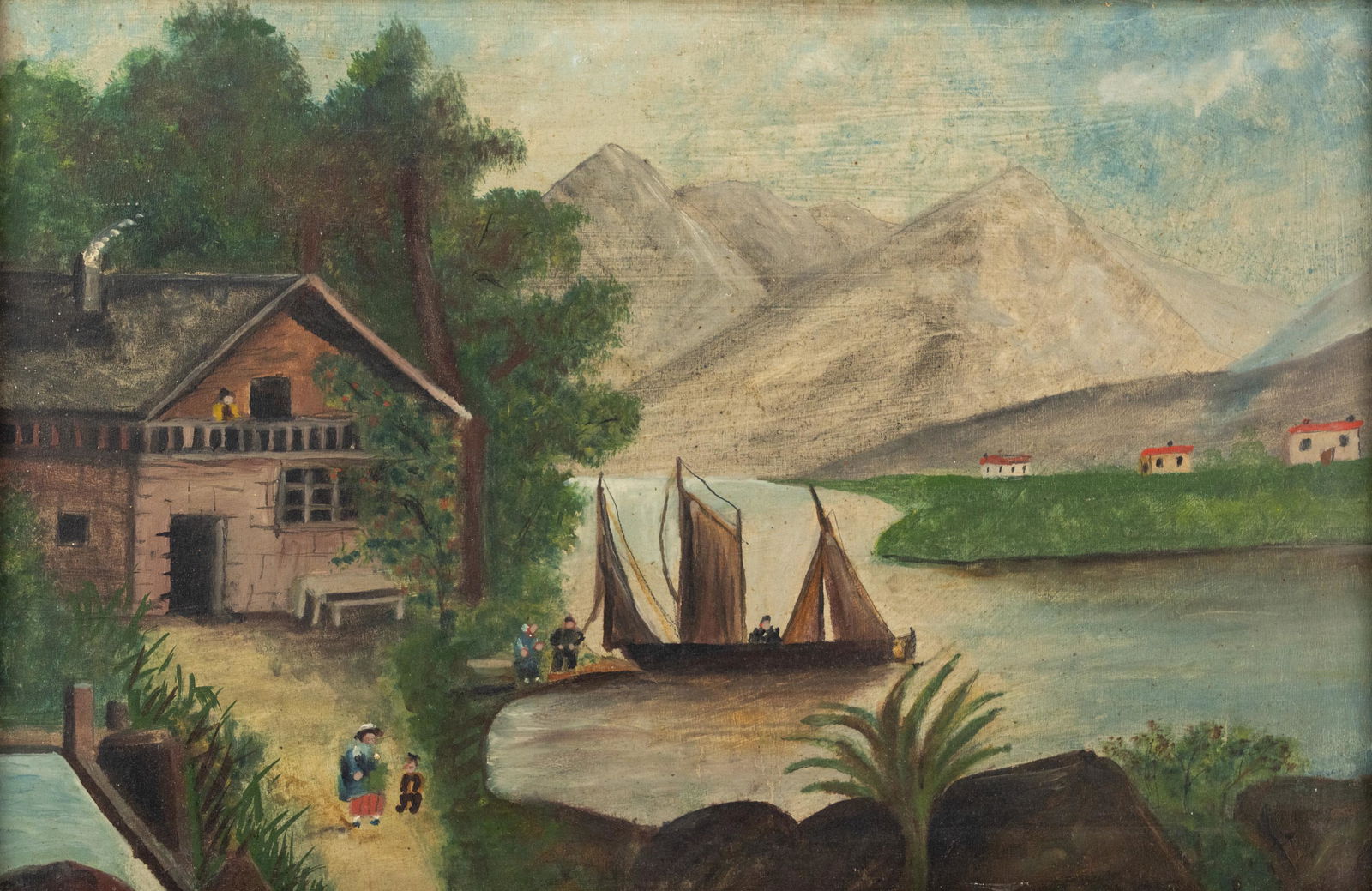 Dutch Landscape Village & Mountains O/B Painting (1 of 9)