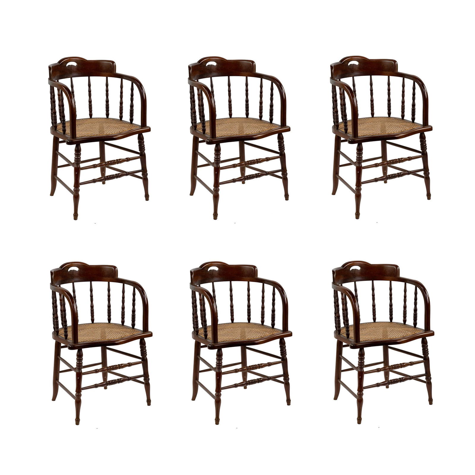 (6) American Mahogany Cane Seat Windsor Chairs: A set of six (6) American style mahogany and cane seat windsor chairs having spindle barrel back and splayed legs with stretcher. Seat height: 17" SHIPPING Atlanta Auction Gallery will not ship this l