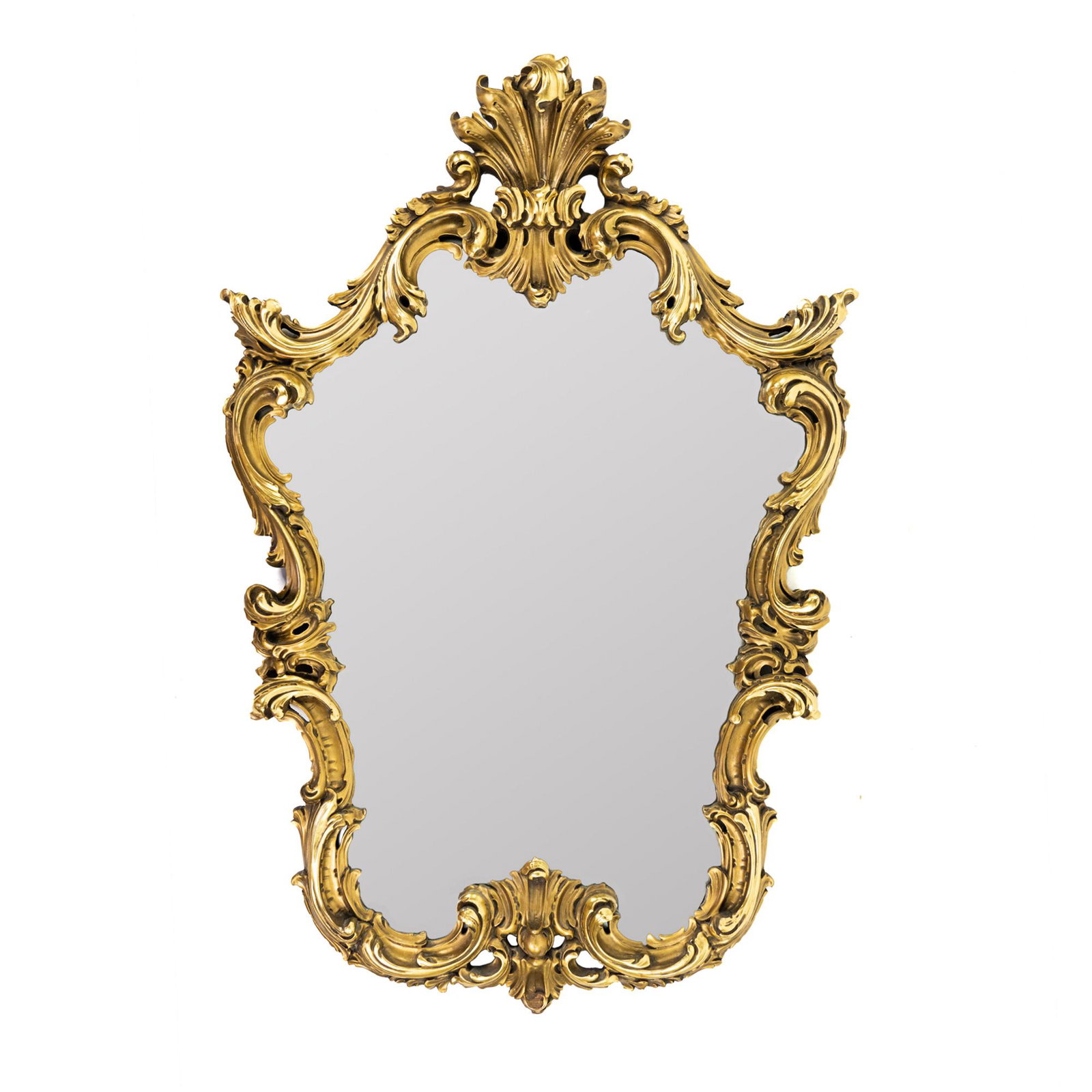 Baroque Style Giltwood Wall Mirror: A Baroque style giltwood wall mirror having a heavily carved frame featuring motifs of floral, and sheaf of wheat motifs near the crest and bottom. SHIPPING Atlanta Auction Gallery will not ship this 
