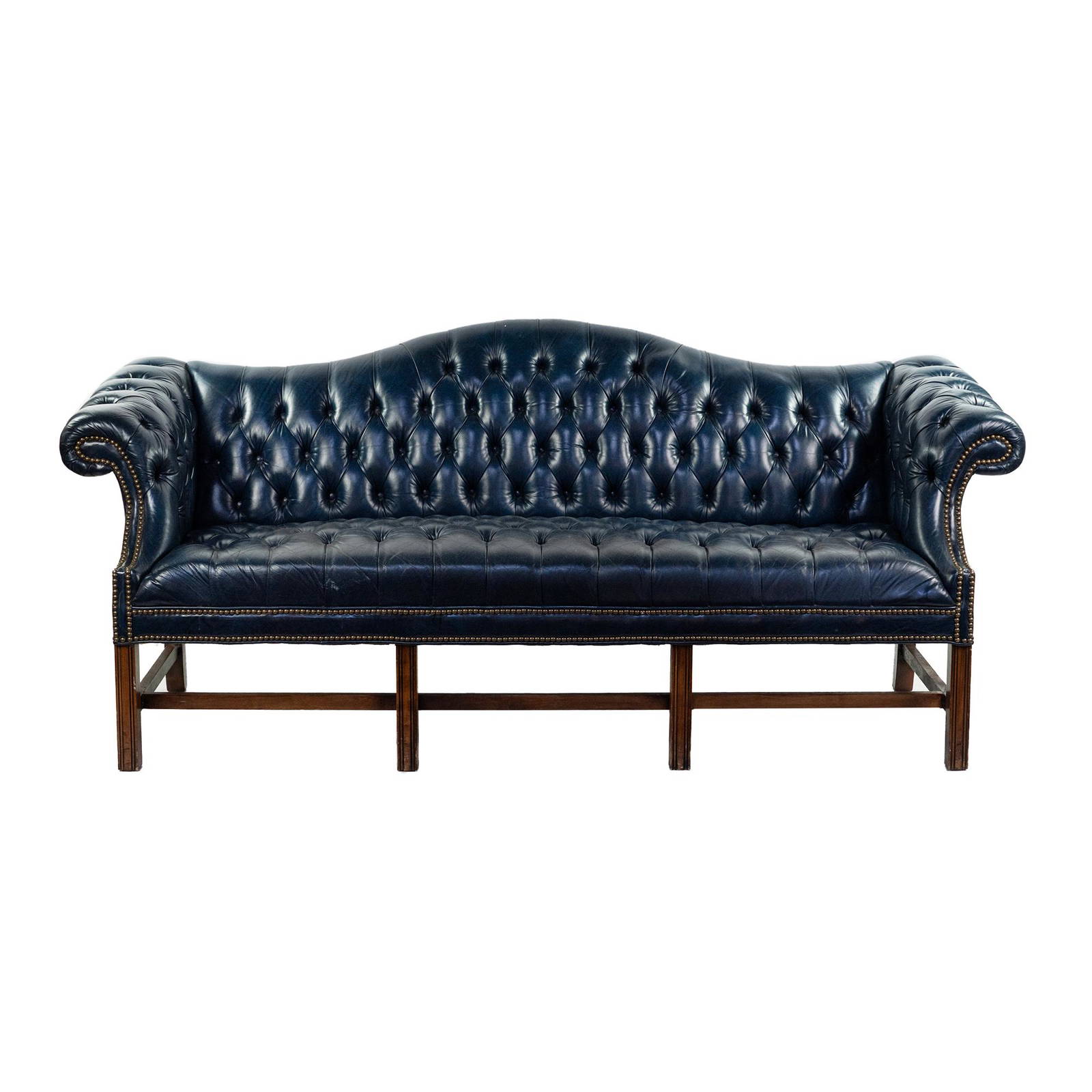 English Regency Blue Tufted Leather Camelback Sofa Auction