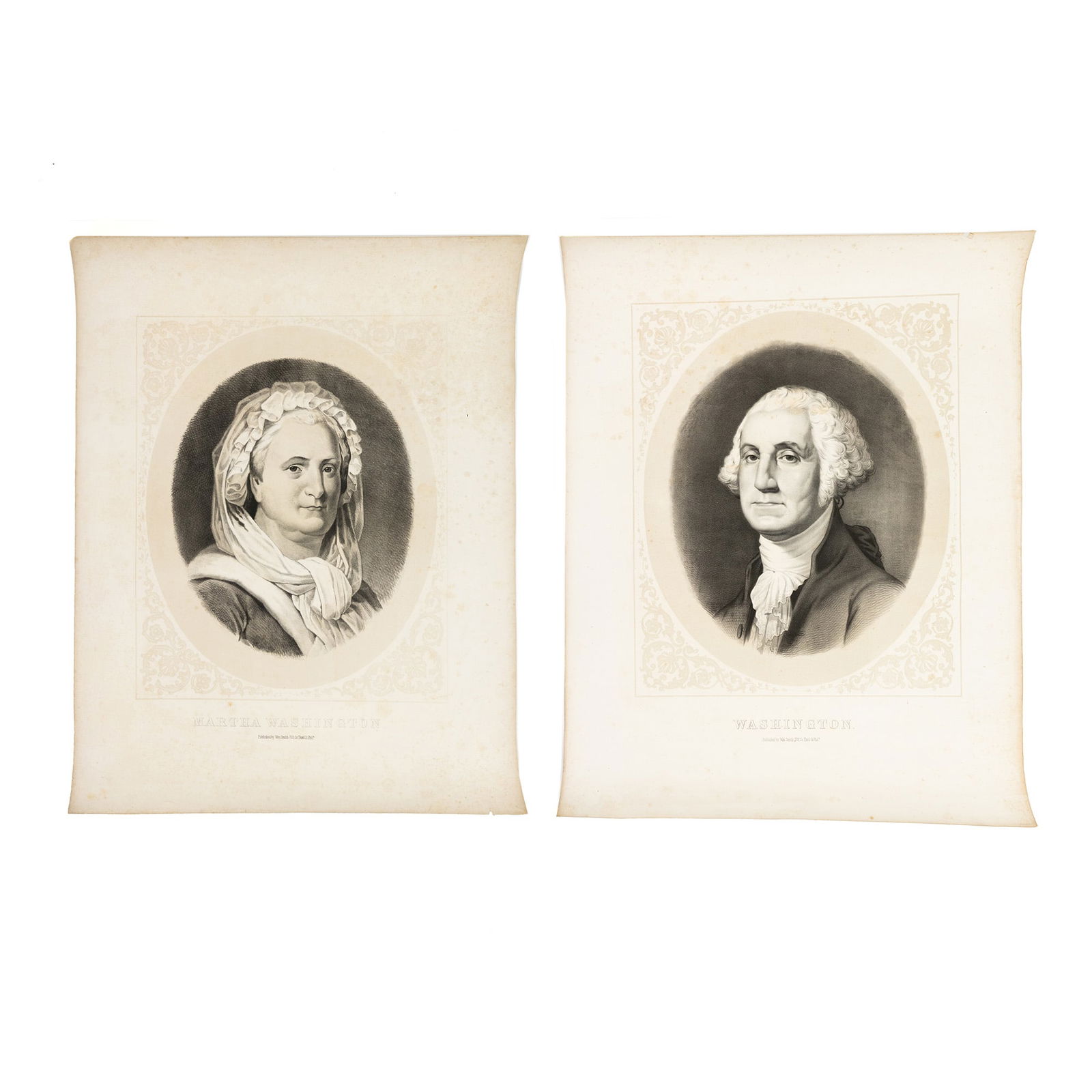 (2) After Gilbert Stuart Washington Portrait Prints: A pair of George and Martha Washington still life portraits after Gilbert Stuart depicting the first American President and First Lady of the United States inside square shaped floral outlines with na