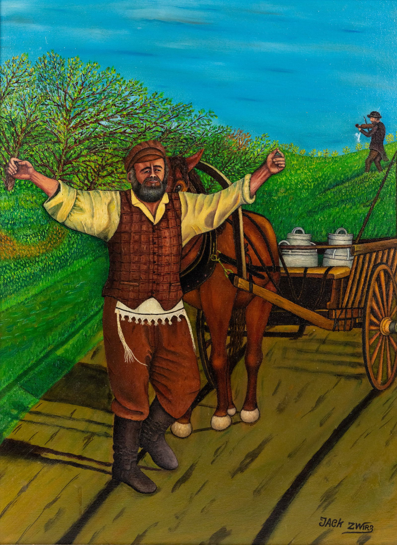 Jack Zwirz 'Fiddler on the Roof' O/C Painting: A Jack Zwirz (Polish, 1903-1991), also known as Jankiel Zwirl, oil on canvas painting titled 'Fiddler on the Roof' depicting the titular character dancing in front of a cart. Signed lower right. Prese