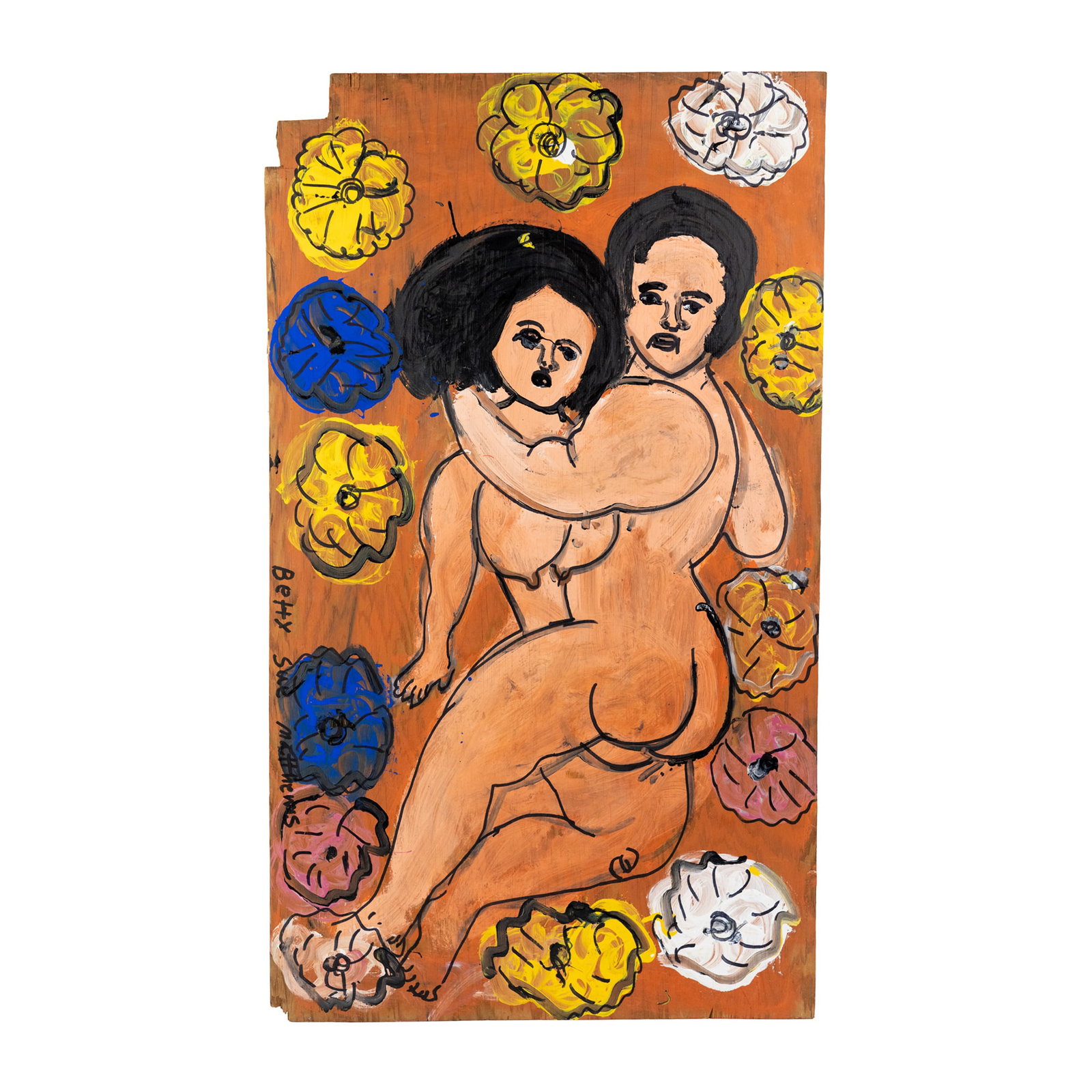 Betty Sue Matthews Couple With Flowers Painting: A Betty Sue Matthews (American, b. 1950) paint on board figural nude painting depicting a couple on an orange backdrop with flowers. Signed along left side.