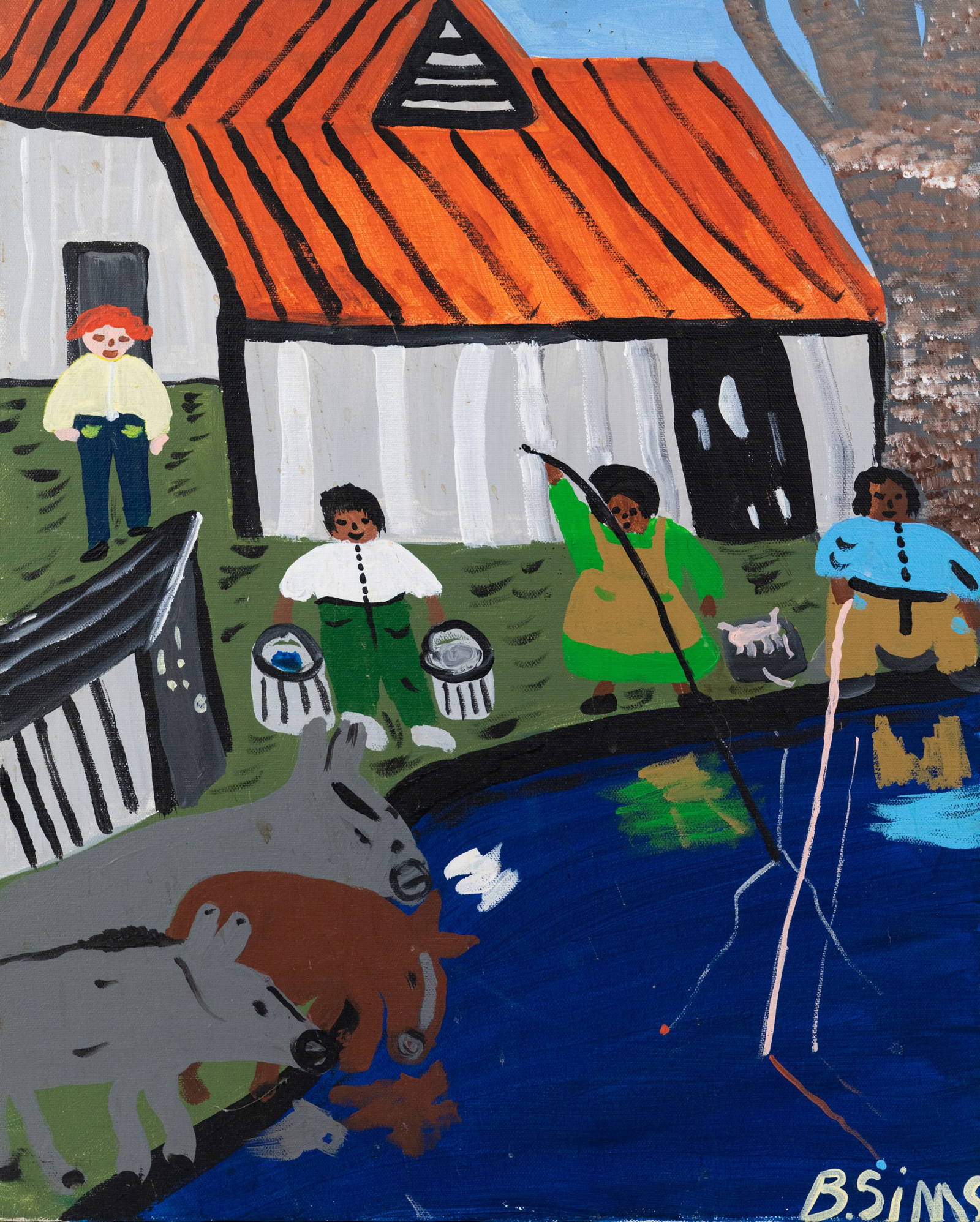 Bernice Sims 'fishing...watering Hole' O/c Painting Auction