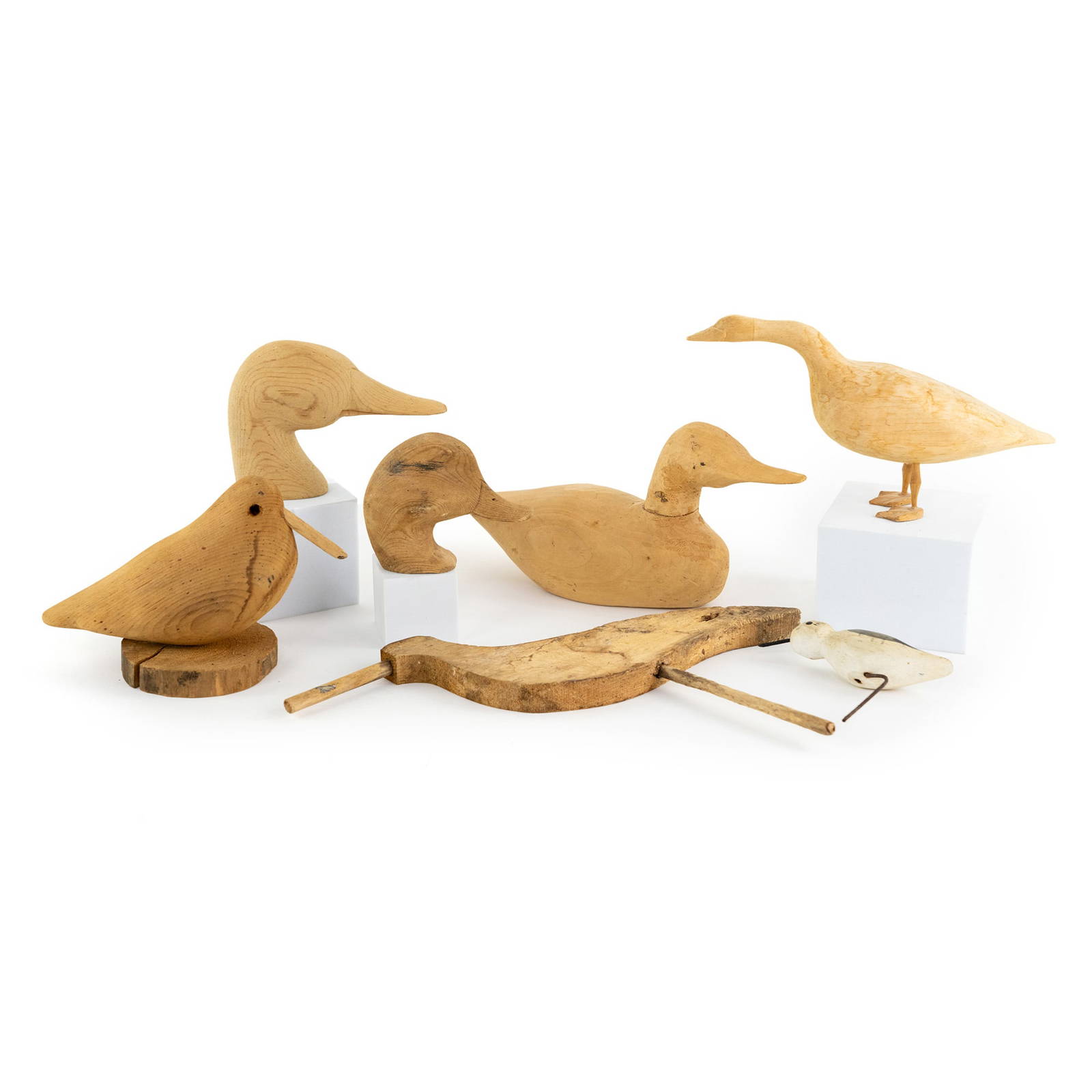(7) Unfinished Hand Carved Wood Duck Decoys And Figures Auction