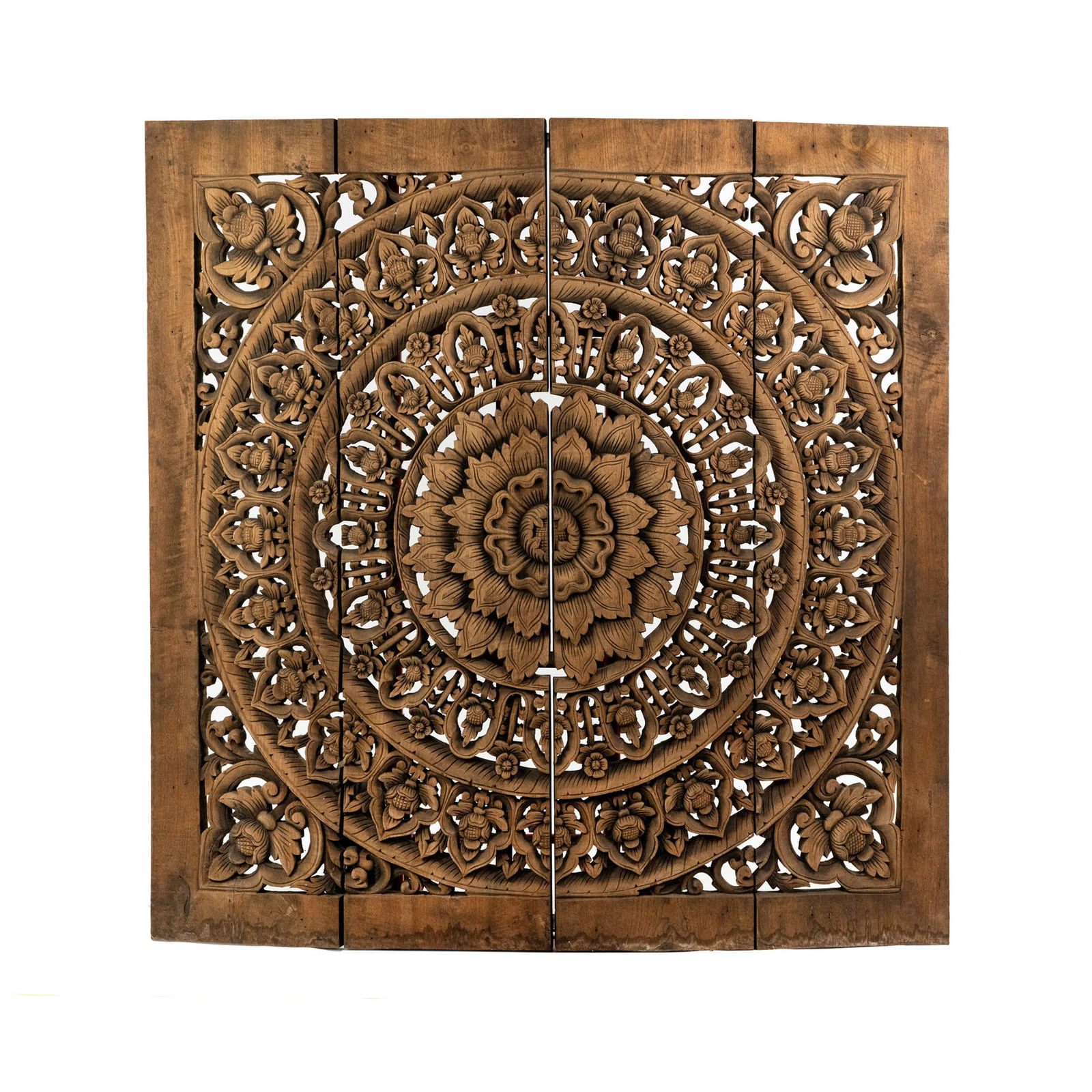 Antique Mandala Lotus 4 Section Lattice Teak Panel (1 of 9)