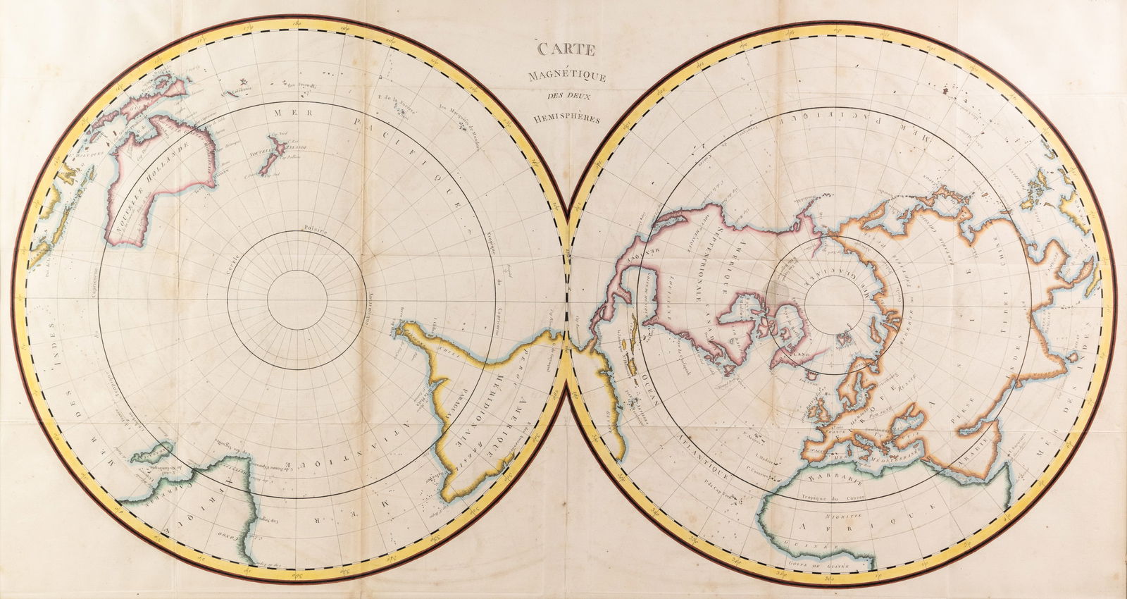 18th C. Carte Magnetique des deux Hemispheres map by George Buffon: A circa 1780's Carte Magnetique de deux Hemispheres by George Buffon (George Louis le Clerc, Comte de) engraved and hand colored map, marked "No.8" in upper right. Map depicts the earth from the vanta