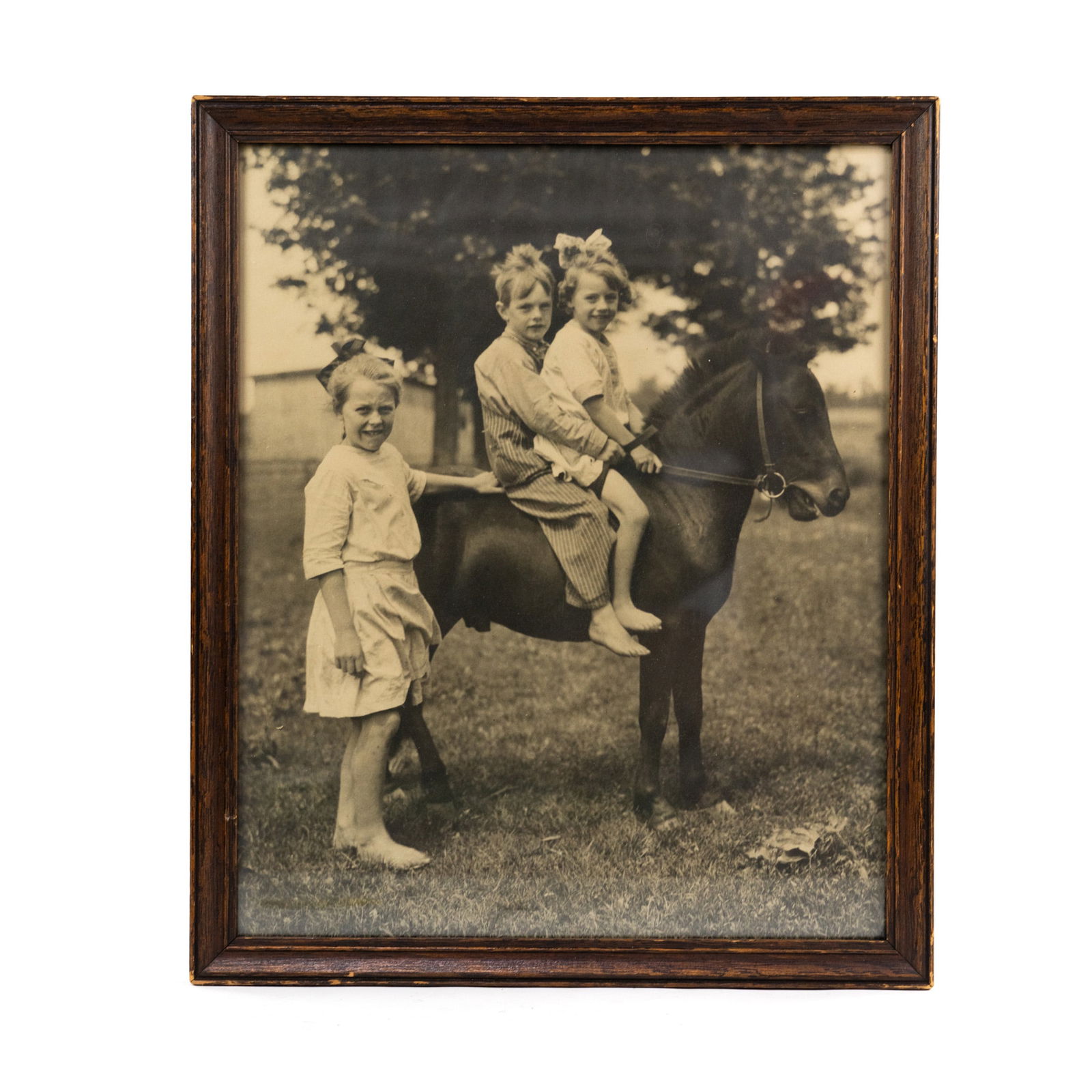 Early 20th C Sepia Photograph Children with Pony (1 of 6)