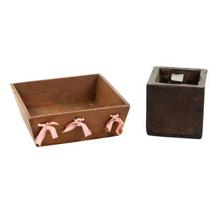 (2) Shaker Antique and Collectible Box: A group of two (2) Shaker boxes including a 19th century square box from Sabbathday Lake and a Shaker Workshops collectible wooden box with bows tied on the outside and branded on the underside.