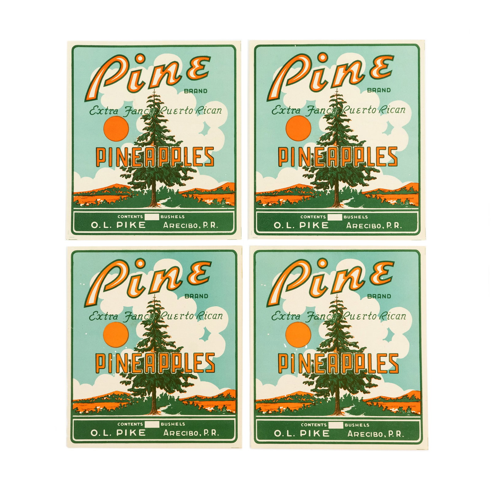 (4) Pine Brand Pineapples O.L. Pike Arecibo Puerto Rico: (4) Pine Brand Extra Fancy Puerto Rican Pineapples original paper labels CONTENTSBUSHELSO. L. PIKEARECIBO, P. R.