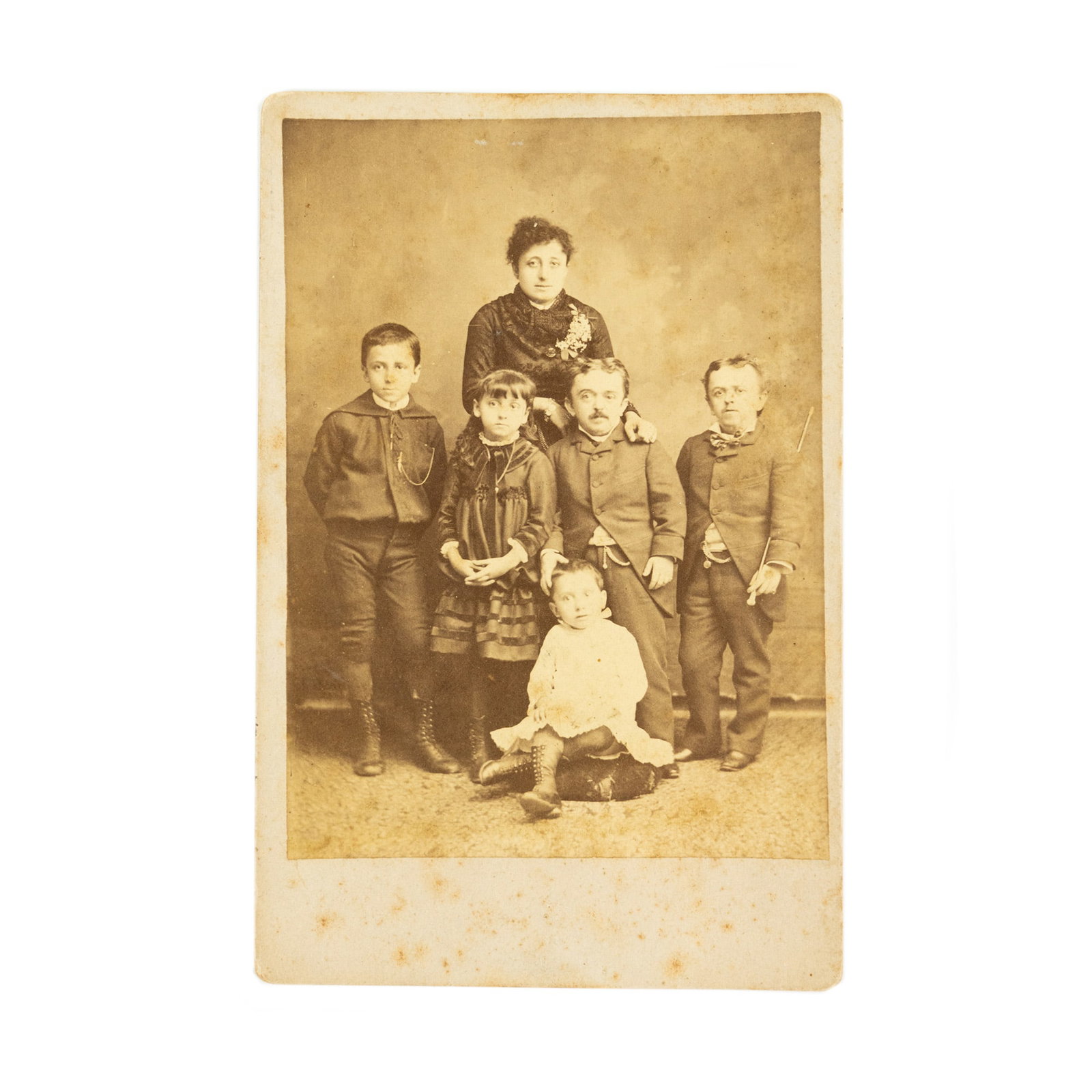Italian Midgets Baron Littlefinger and Family CDV Print: An early carted de visite photograph print of Italian Midgets including Baron Littlefinger and Count Rosebud Natives of Bologna, Italy. depicting him with his wife, brother, and children: Baron Little