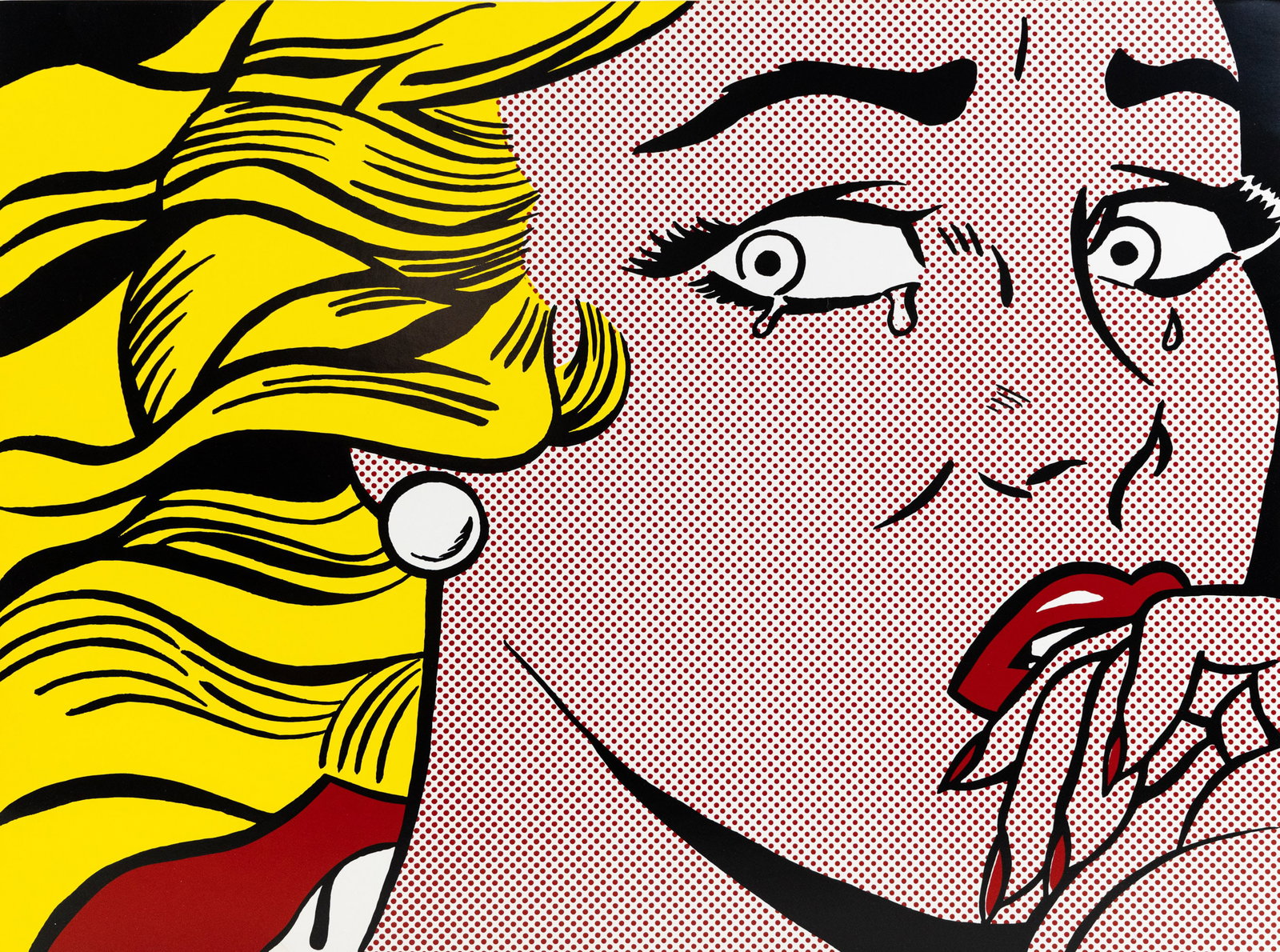 Roy Lichtenstein 'Crying Girl' Lithograph: A Roy Lichtenstein (American, 1923-1997) lithograph titled 'Crying Girl' depicting a blonde girl wearing a pearl earring and crying. Unmarked and mounted to a board.