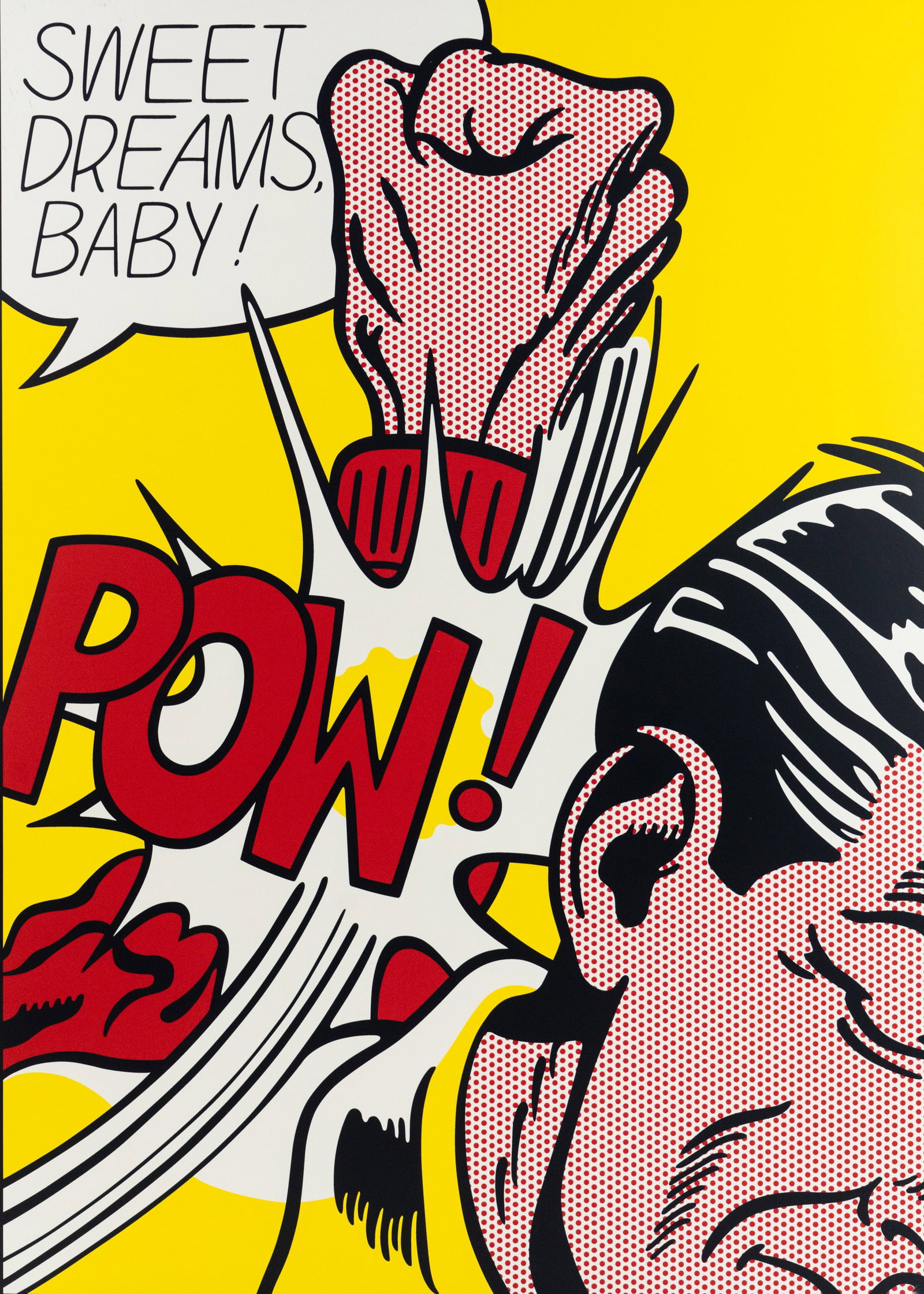 Roy Lichtenstein 'Sweet Dreams Baby!' Offset Lithograph: A Roy Lichtenstein (American, 1923-1997) offset lithograph titled 'Sweet Dreams Baby!' depicting a man receiving an uppercut to the back of his head. Unmarked and mounted to a board.