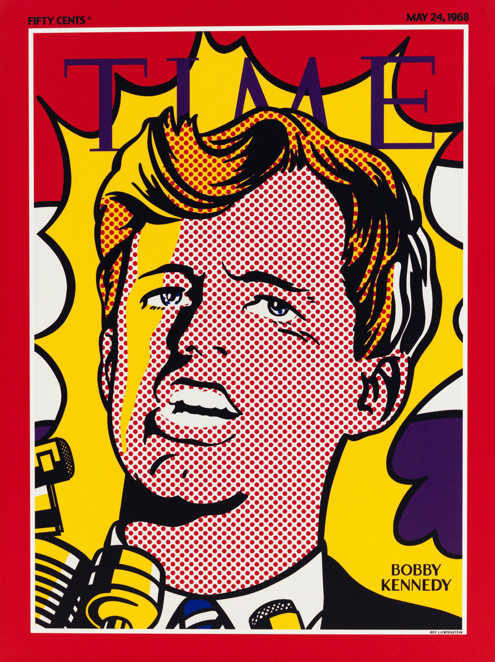 Roy Lichtenstein 'Time Magazine Bobby Kennedy' Litho: A Roy Lichtenstein (American, 1923-1997) lithograph titled 'Time Magazine: Bobby Kennedy' depicting Robert F. Kennedy on the cover of Time magazine. Unmarked and mounted to a board.
