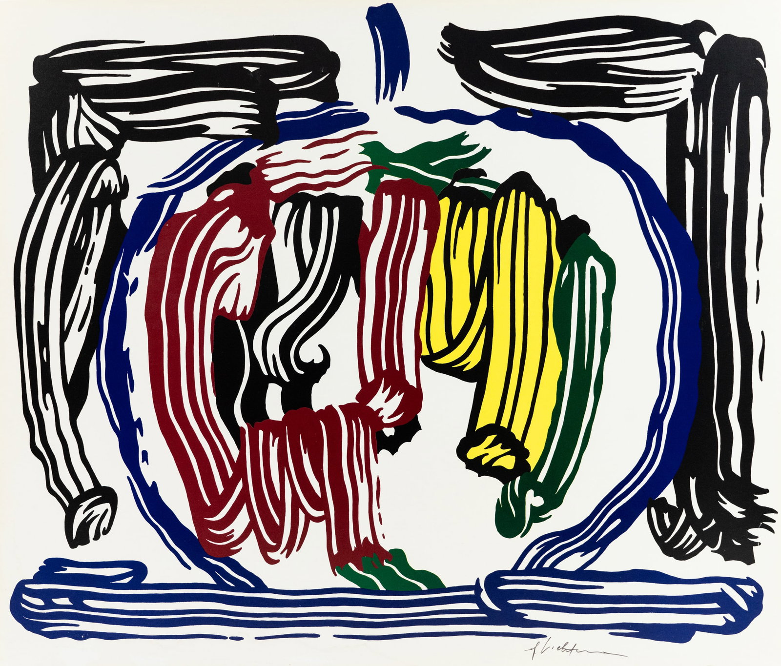 Roy Lichtenstein '..Still Life With Apple' Serigraph: A Roy Lichtenstein (American 1923-1997) offset lithograph titled 'Brushstroke Still Life with Apple' depicting a multicolored apple against a black background. Pencil signed in lower right and mounted