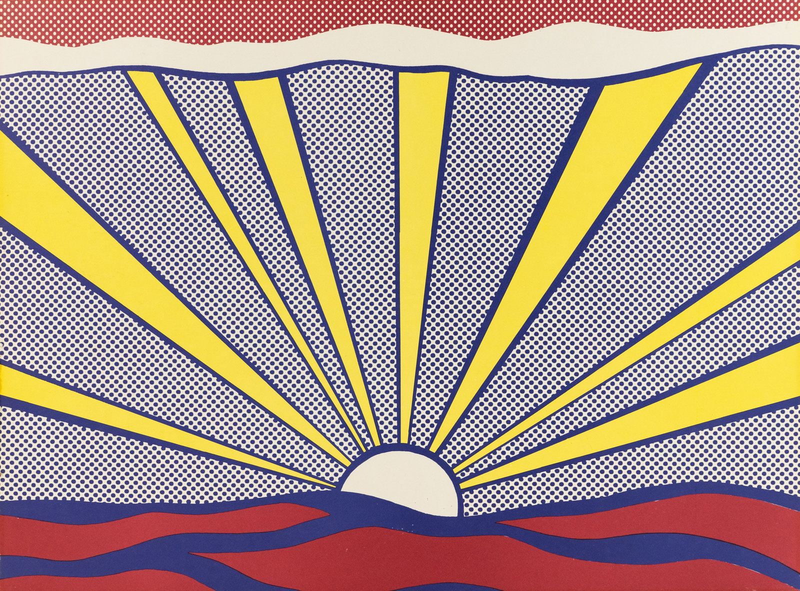 Roy Lichtenstein 'Sunrise' Serigraph: A Roy Lichtenstein (American, 1923-1997) serigraph titled 'Sunrise' colored in all primary colors. Unmarked and mounted to a board.