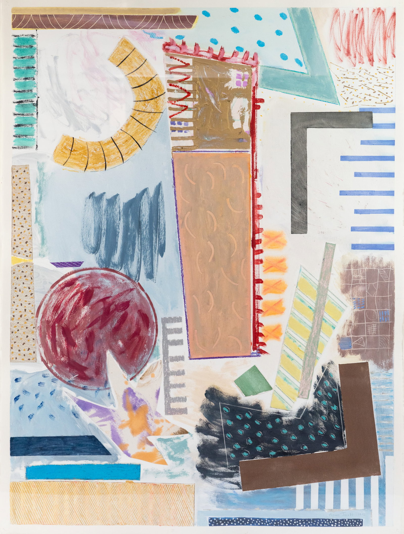 Agnes Jacobs Abstract Mixed Media on Paper: An Agnes Jacobs (Hungarian, B.1943) abstract mixed media on paper composition. Signed and dated '1982' lower right. Presented in a shadow box frame. Provenance: From the private collection of William 