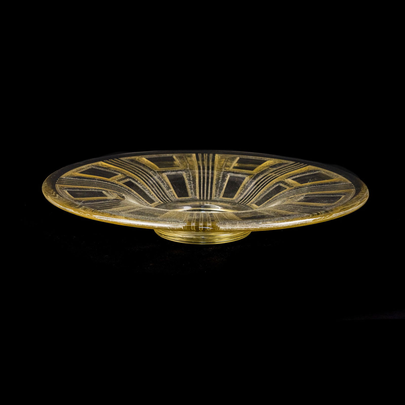 Daum Nancy Art Deco Glass Coupe Dish: A Daum Nancy Art Deco style glass coupe or center dish having a repeating geometric line and rectangle pattern. Etch signed 'Daum Nancy France' on underside.