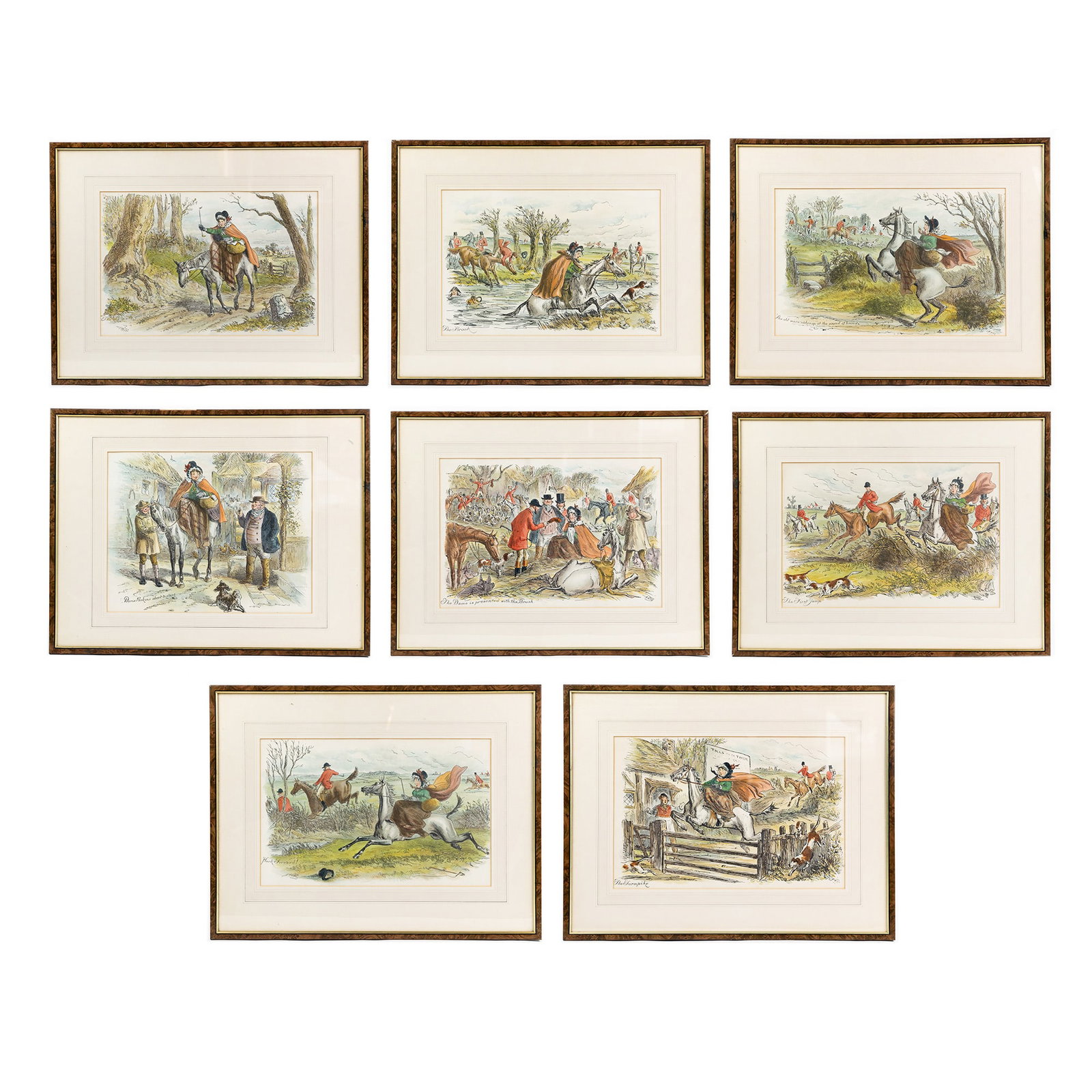 (8) H. Knight Browne (Phiz) 'Dame Perkins' Watercolors: A collection of eight (8) Hablot Knight Browne, a.k.a. Phiz (English, 1815-1882) watercolor on paper depicting scenes from the book 'Dame Perkins & Her Gray Mare'; each titled and signed in either low