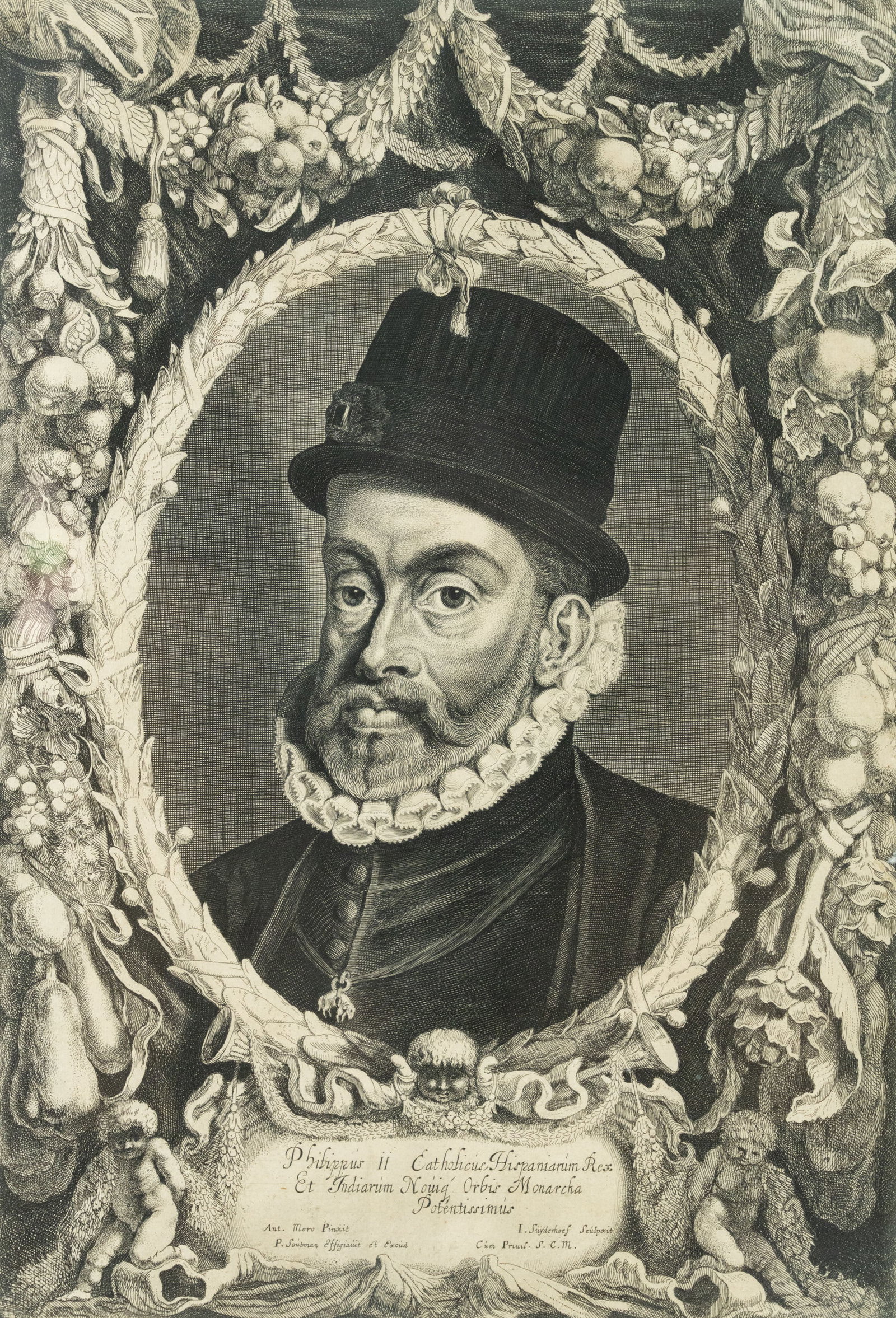 J. Suyderhoef '..Philip II of Spain' Limited Etching: A Jonas Suyderhoef (Dutch, 1613-1686) limited etching titled 'Portrait of Philip II of Spain' depicting the monarch in a vignette of floral, fruit and cherub motifs. Stamped in print bottom right. Art