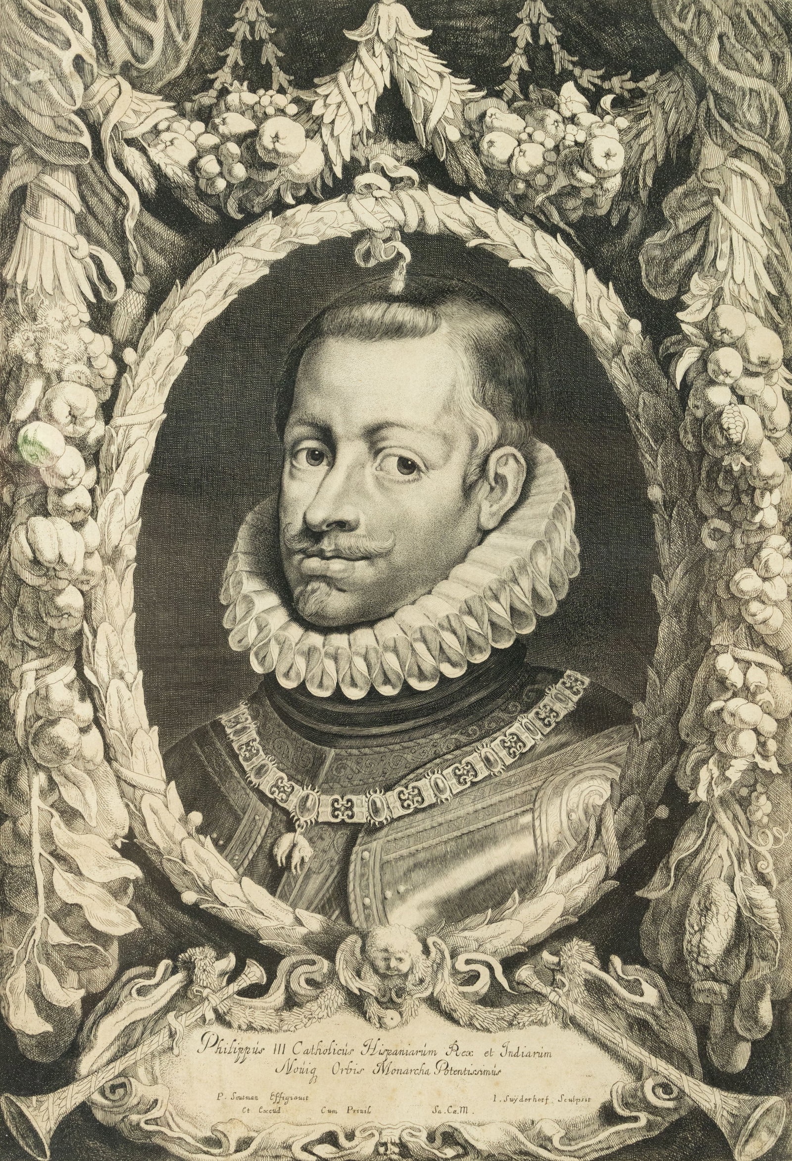 J. Suyderhoef '..Philip III of Spain' Limited Etching: A Jonas Suyderhoef (Dutch, 1613-1686) limited etching titled 'Portrait of Philip III of Spain' depicting the monarch in a vignette of floral, fruit and cherub motifs. Stamped in print bottom right. Ar
