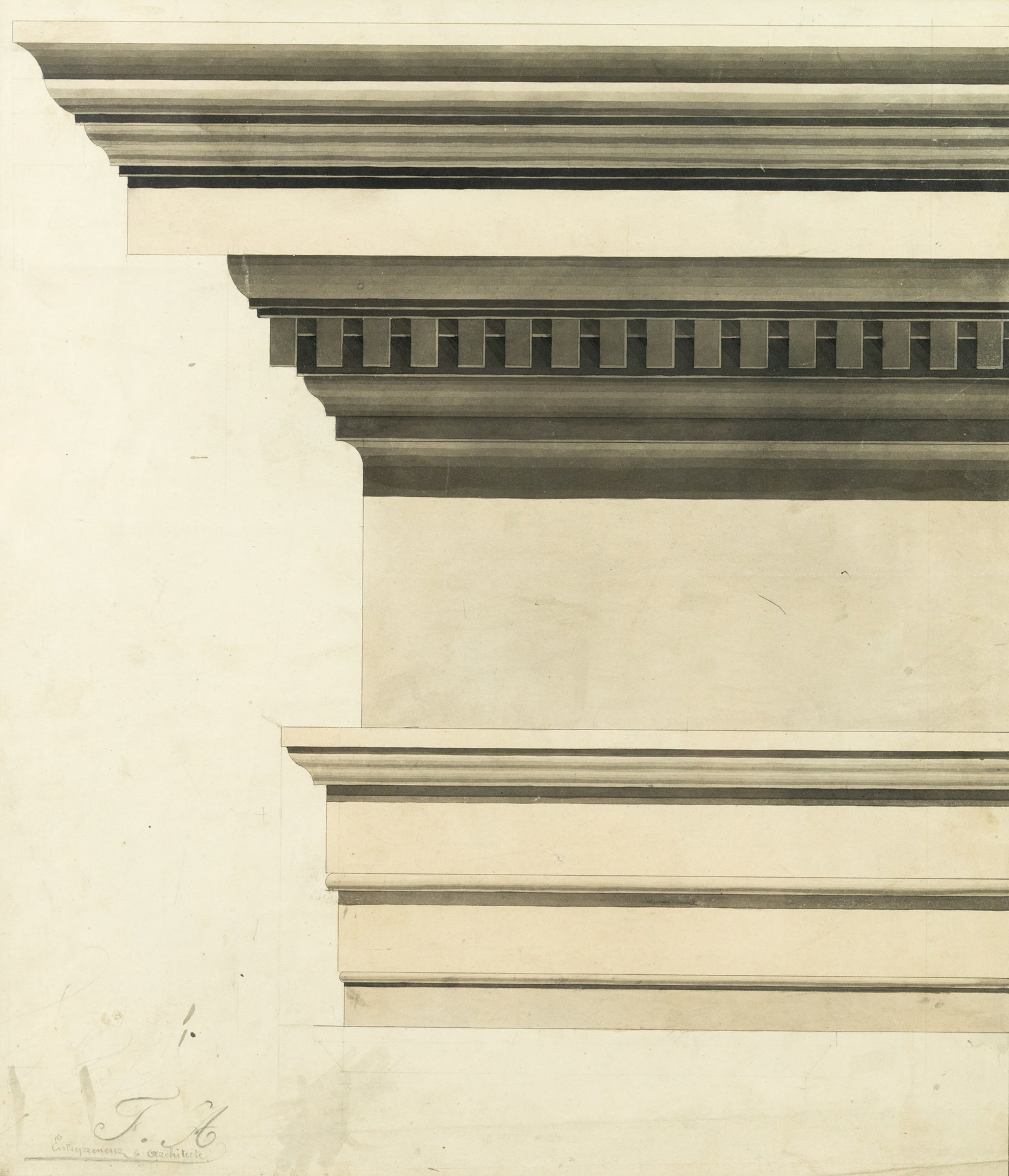 Architectural Column Capital Mixed Media Graphite & Ink on Paper: An architectural mixed media graphite and ink wash on paper depicting a neoclassical column capital with dental molding. Pencil signed 'T.A.' lower left. Presented in a gilt frame behind glass. Proven