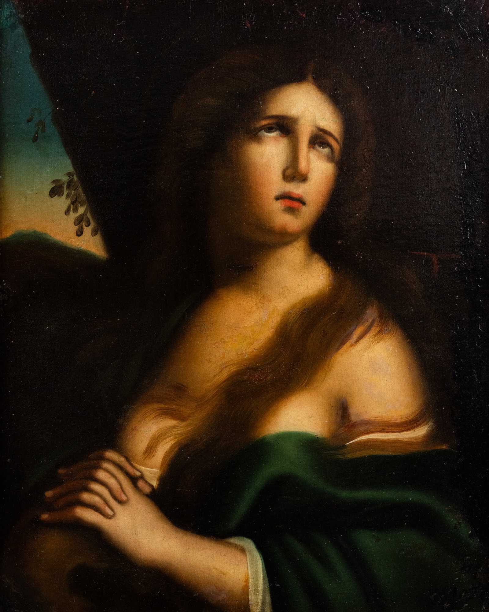 French School Oil on Canvas Penitent Magdalene: A French School style museum reproduction oil on canvas painting depicting a penitent Mary Magdalene of the Catholic cannon. Presented in a gold painted floral motif frame. Unmarked. Sight: 19.5" x 15