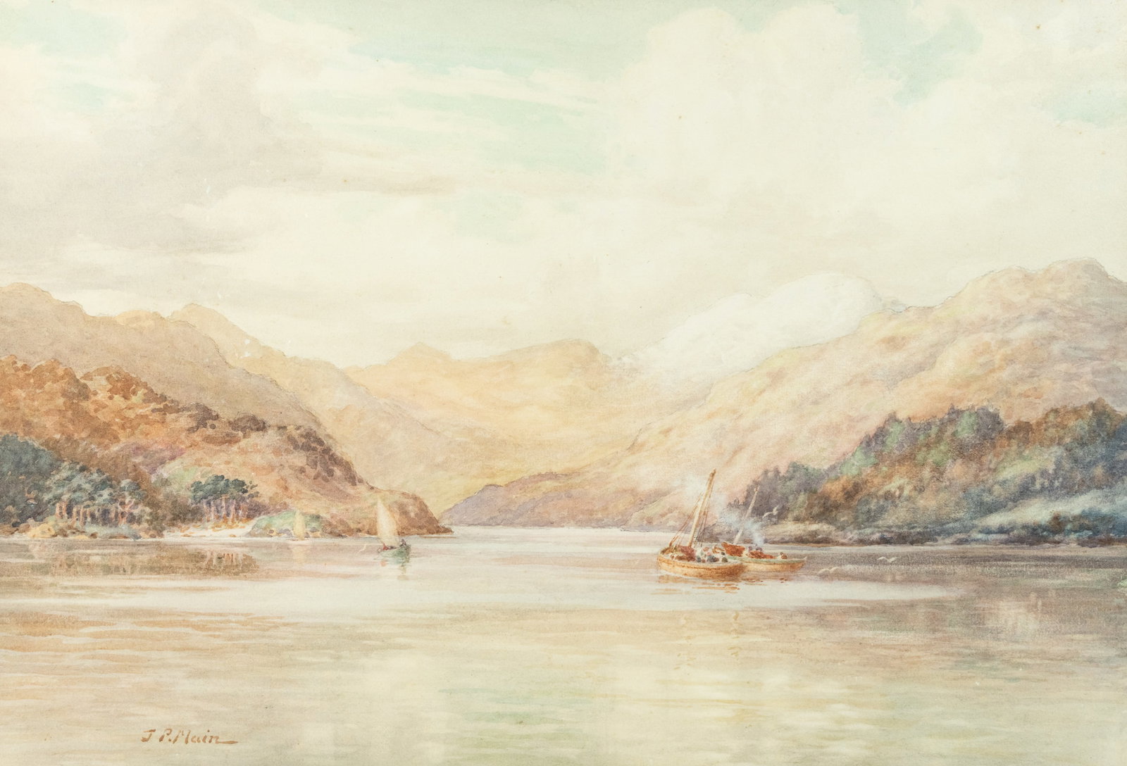 John P. Main 'Where the Snow Lingers...' Watercolor: A John P. Main (Scottish 1893-1928) watercolor on paper titled 'Where the Snow Lingers on the Hills' depicting sailboats on a loch with rolling hills in the background. Signed lower left. Presented in