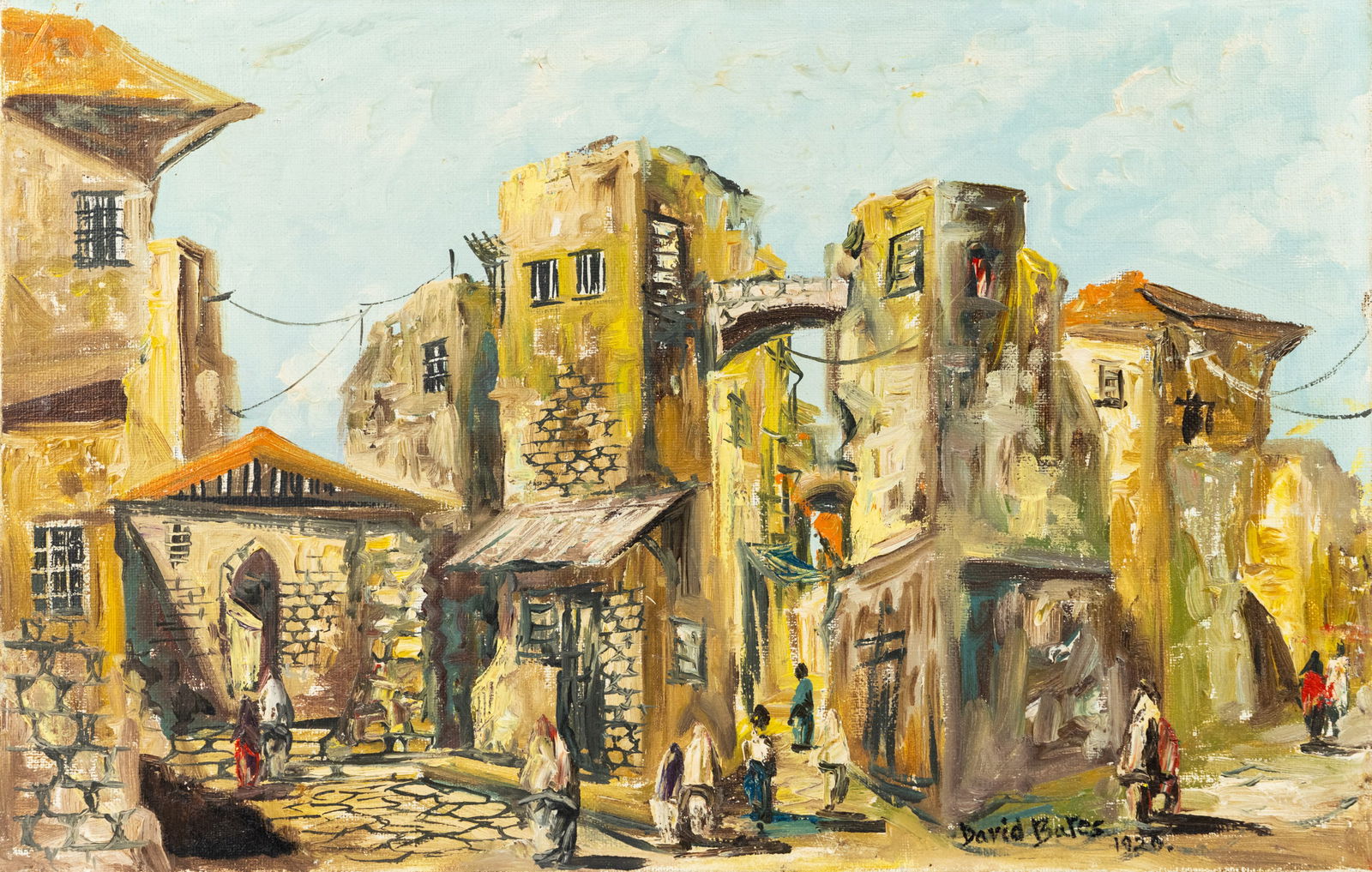Oil on Canvas Italy Street Scene signed David Bates: Impressionist oil on canvas painting depicting what appears to be an Italian village or street scene. Paint signed 'David Bates' and dated '1920' lower right. Presented unframed. Provenance: From the