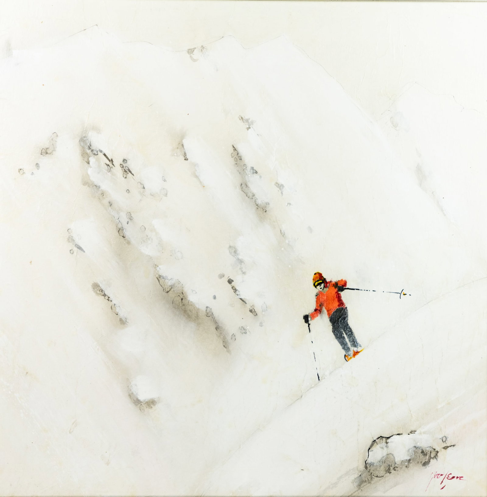 American School 'Skiing' Oil on Canvas Painting: An oil on canvas painting from the American School titled 'Skiing' depicting a person skiing down a mountain side. Signed illegibly possibly Le Duc in lower right. Presented in a simple silver painted