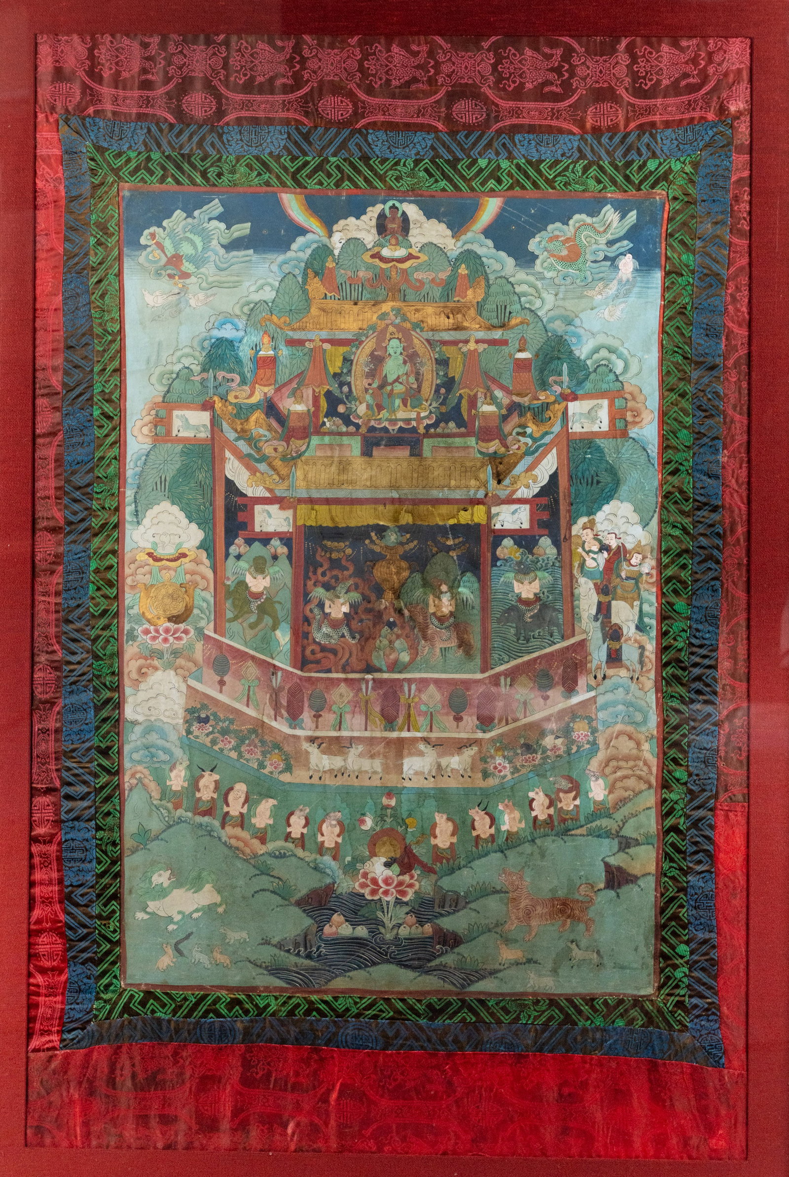 Large Mahayana Buddhist Thangka Pigment on Cotton: A Tibetan Buddhist Tangka or Thangka natural pigment on cotton panel featuring a depiction of the possible enlightenment of Buddah in the form of Amitabha, the buddah of eternal light, and Green Tara 
