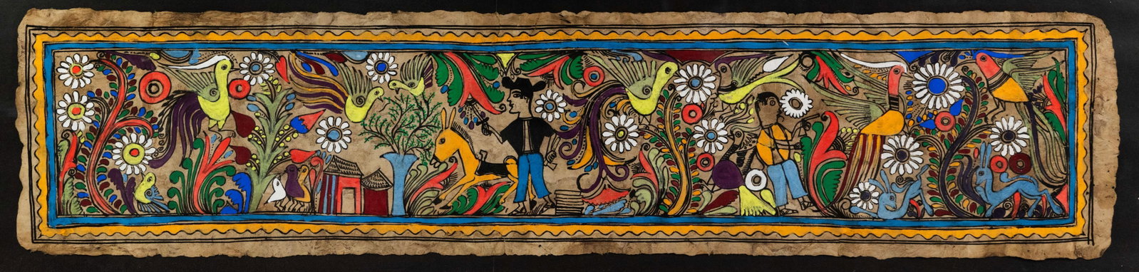 Mexican Folk Art Painting On Amate Paper: A Mexican folk art painting or codex on amate bark paper depicting two people, a donkey, and various other flora and fauna. Presented in a wooden frame. Unsigned.