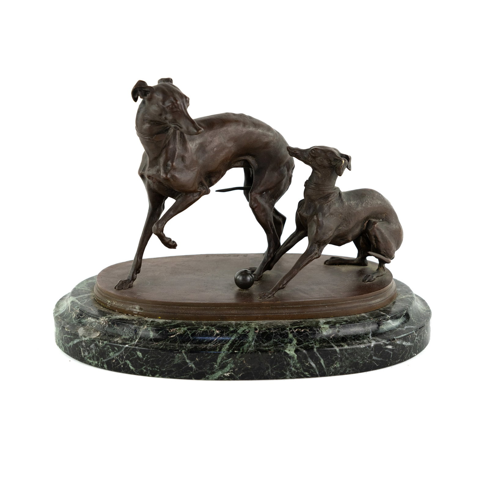Pierre-Jules MÃªne Greyhounds Bronze Statuette: A Pierre-Jules MÃªne bronze statuette depicting two greyhounds playing with a ball, and having a beveled green marble oval shaped plinth. Signed P.J. Mene. Provenance: From the estate of Betty Dee S