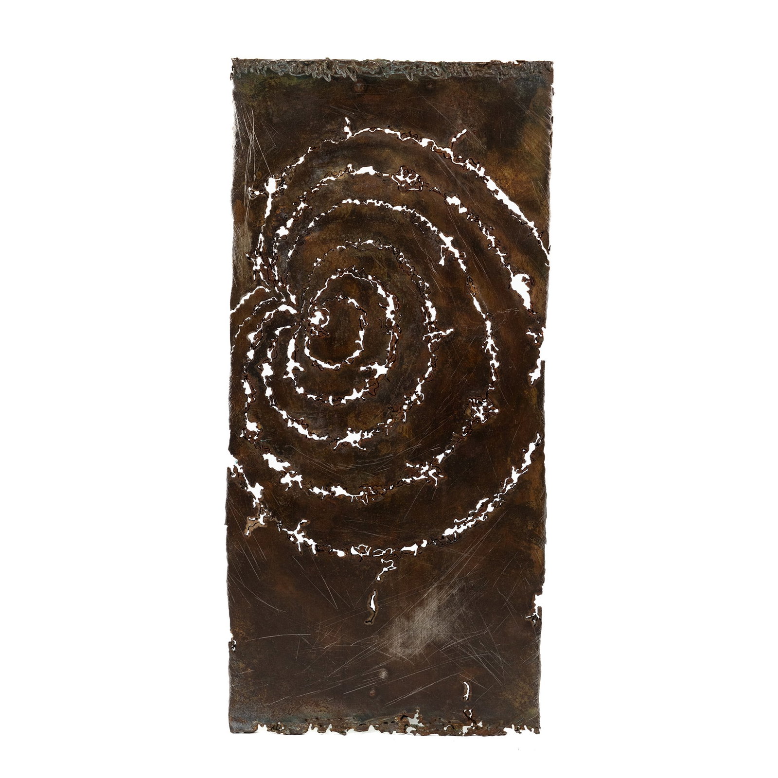 Denice Bizot Found Object Plasma Cut Sculpture: A Denice Bizot (American) found object plasma cut iron flat panel featuring a plasma cut swirl design. Marker signed and dated 'D. Bizot '20' on verso.