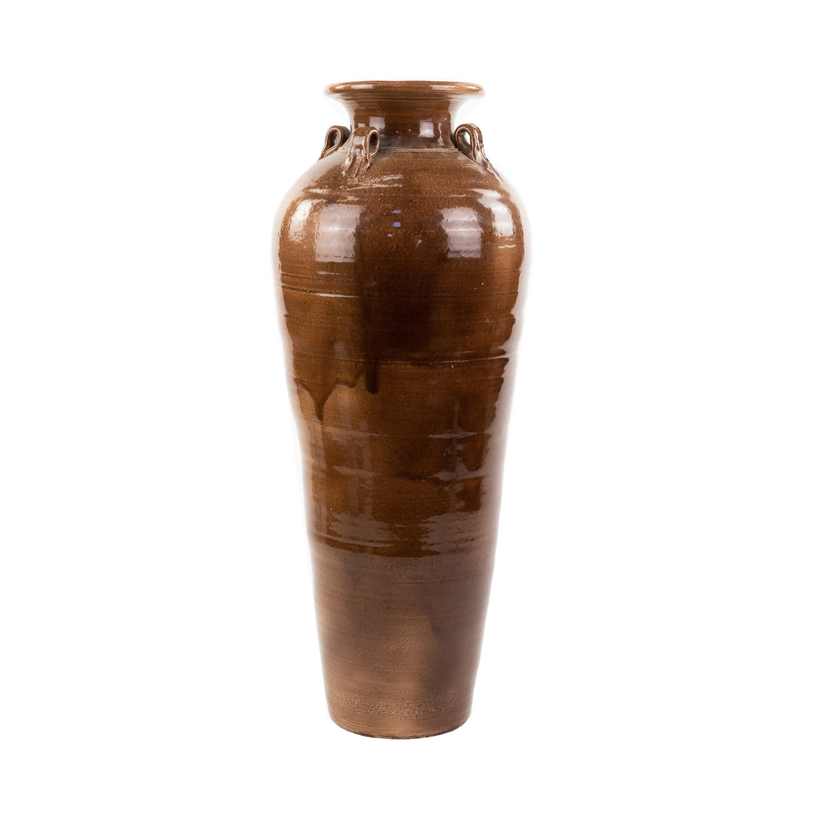 Okey Jackson Hand Thrown Roman Style Ceramic Vase: An Okey Jackson (American, b. 1943) large hand thrown roman style ceramic vase having four loops beneath a flared rim mouth. Marked 'Anthony Paul Studios' on bottom. Provenance: From the collection of