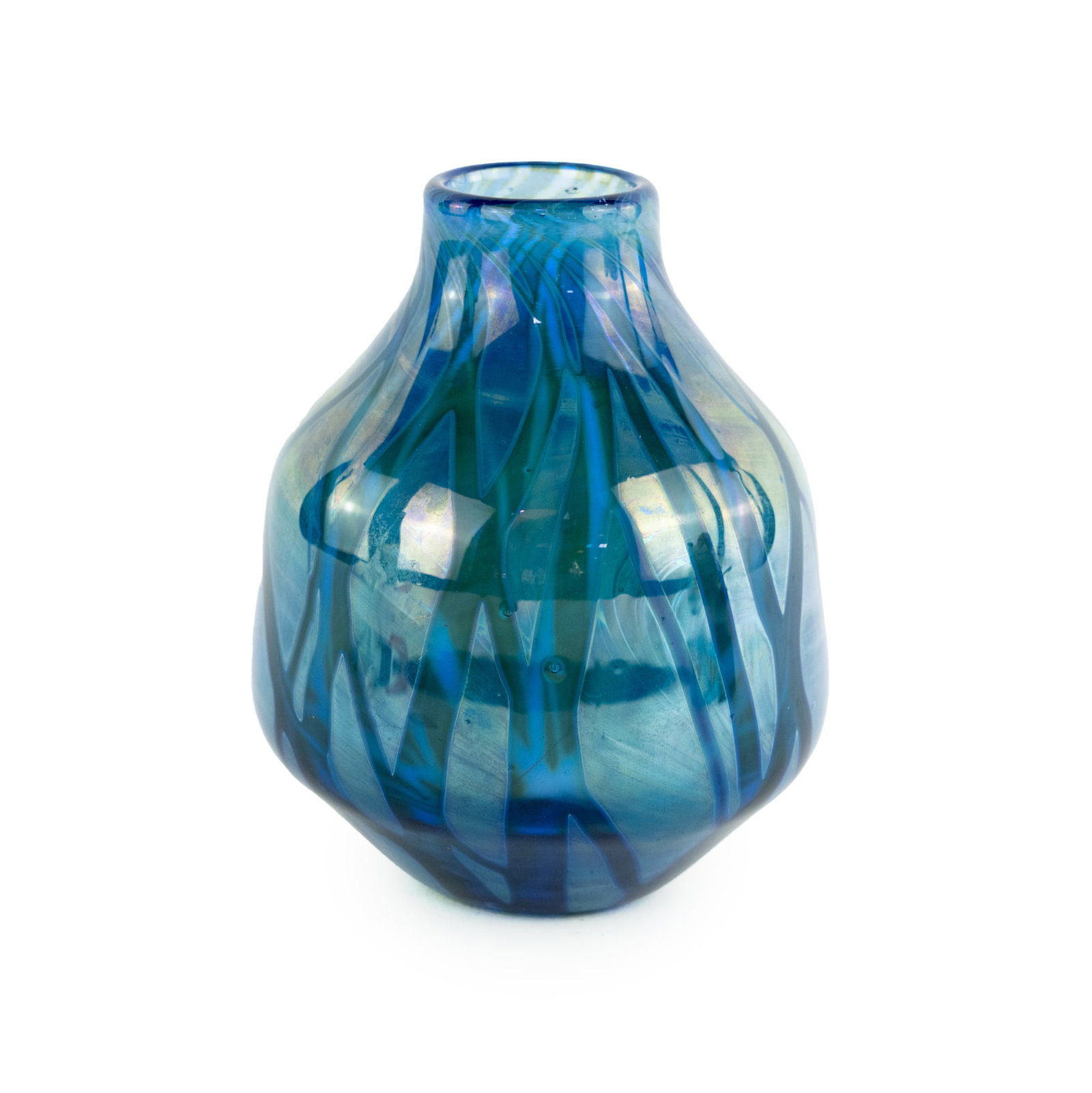 Nick Delmatto Contemporary Blue Art Glass Vase: A Nick Delmatto (American) blue art glass vase having a semi-bulbous body, and featuring a design that purportedly resembles a fish swimming through underwater foliage. Incised signed 'Delmatto' and d