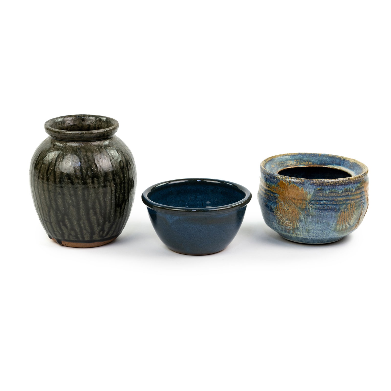 (3) Art Pottery Vases & Bowls incl Jugtown Wares: A group of three (3) art pottery vases and bowls including a small Jugtown Ware blue glazed bowl stamped and dated 1995, a black glazed vase signed Cleater Meaders, 1988, and a blue glazed bowl with l