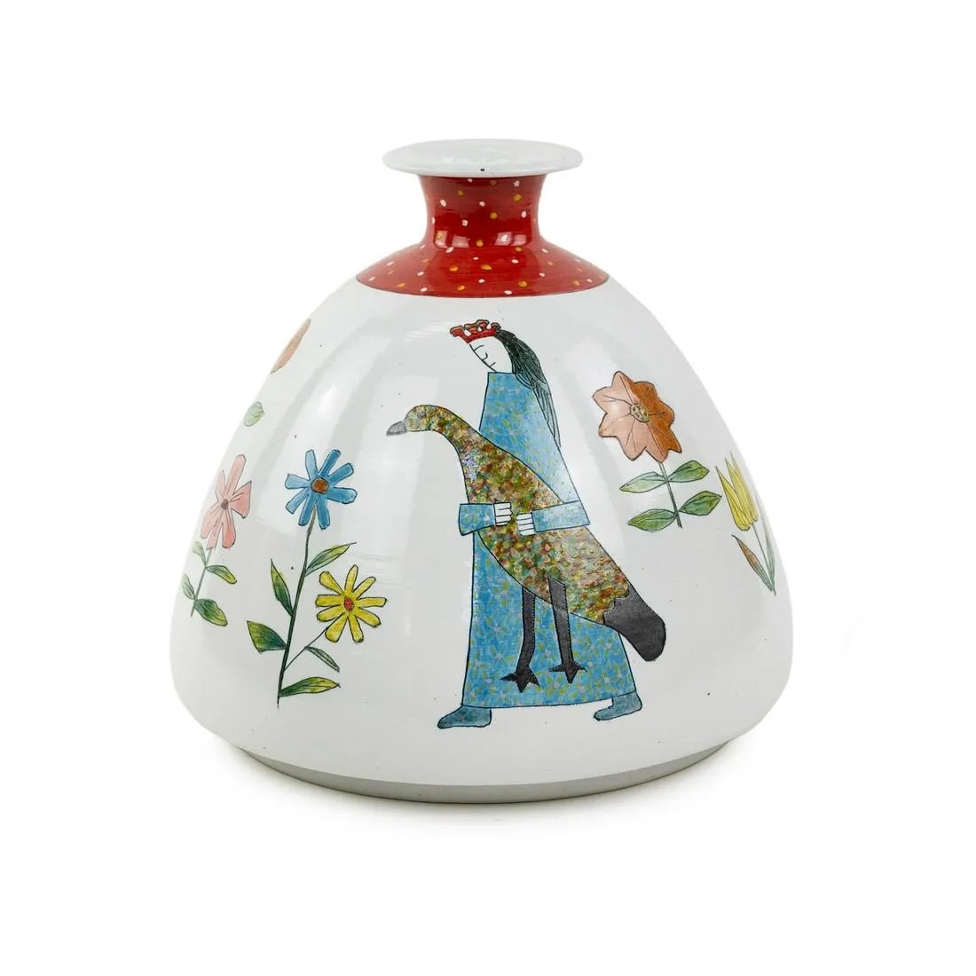 Large Korean Art Pottery Bulbous Bottle Vase: A large ceramic bottle vase having painted various flowers including daisies, tulips, and anemone with a central figure wearing a robe and crown carrying a large bird. Marked on bottom