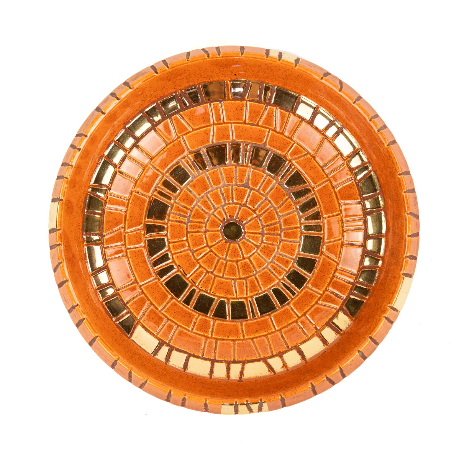 Mosaic Ring Design Squat Art Pottery Bowl: A Mid-Century Modern art pottery squat bowl having a ringed mosaic design throughout the basin, and glazed in orange and brown.