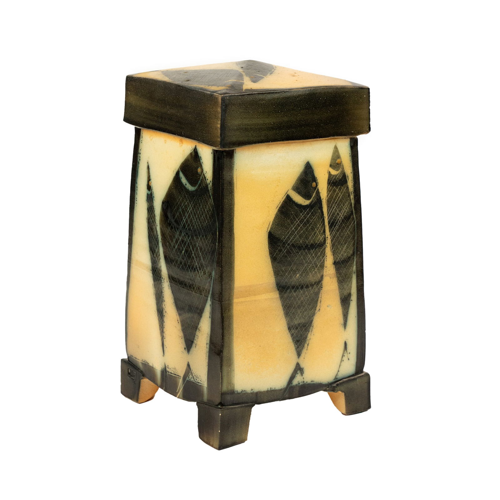 Michael Simon Large Fish Pattern Persian Lidded Jar: A Michael Simon (American,1947-2021) large salt glazed ceramic lidded Persian jar having incised fish design raised on 4 feet and a squat pyramid lid with incised fish motifs. Incised stamped 'MS' on