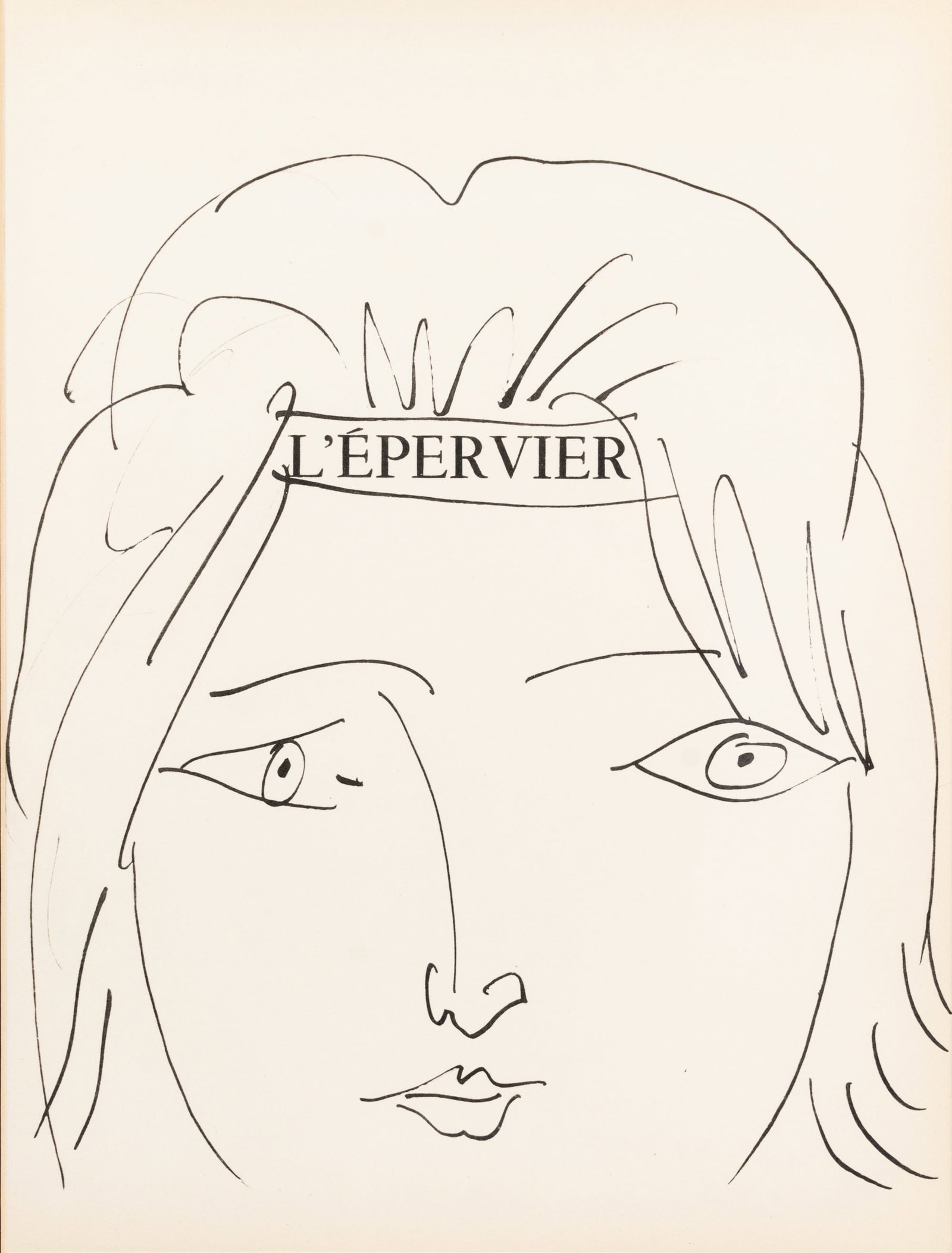 After Pablo Picasso 'L'Epervier' Lithograph on Paper: After Pablo Picasso (Spanish, 1881-1973) lithograph titled 'L'Epervier' black ink on paper lithograph depicting a person's face wearing a headband that reads L'epervier. Also including a certificate o
