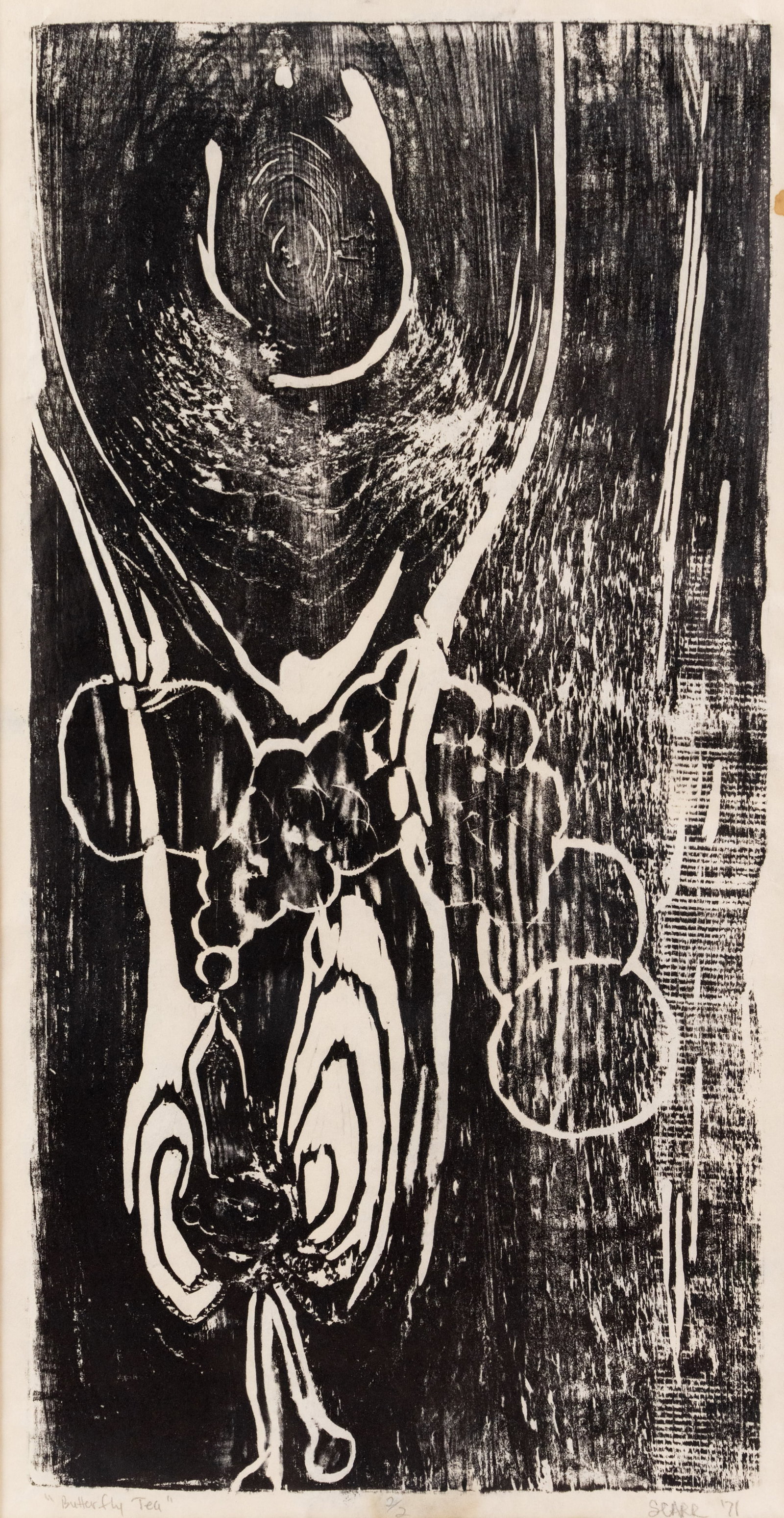 Limited 'Butterfly Tea' Block Print signed Scarr: A limited block print titled 'Butterfly Tea' depicting an abstract, heavily shaded butterfly and cup of tea. Pencil signed 'Scarr', titled, editioned 2/2, and dated 1971 along bottom. Presented in woo