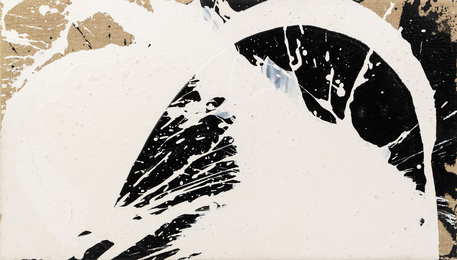 Max Gimblett Abstract A/C Painting: A Max Giblett (New Zealander, 1935-Present) acrylic on linen canvas having bold black and white splatter marks covering a dark canvas. Signed, dated 1987/89 and dedicated 'For Allan, Dear Friend on ve